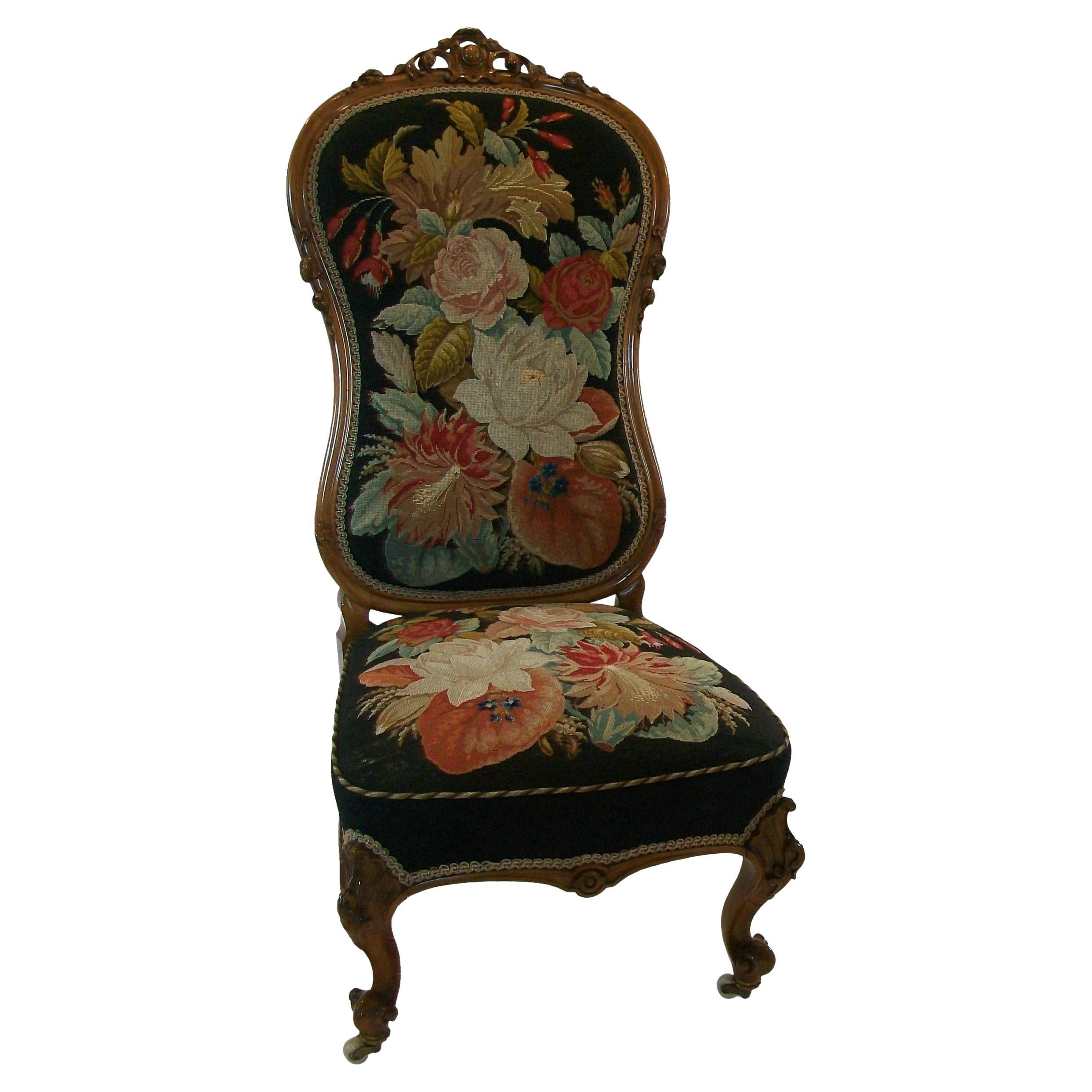 Victorian Walnut & Needlepoint Nursing Chair, United Kingdom, Mid-19th Century For Sale