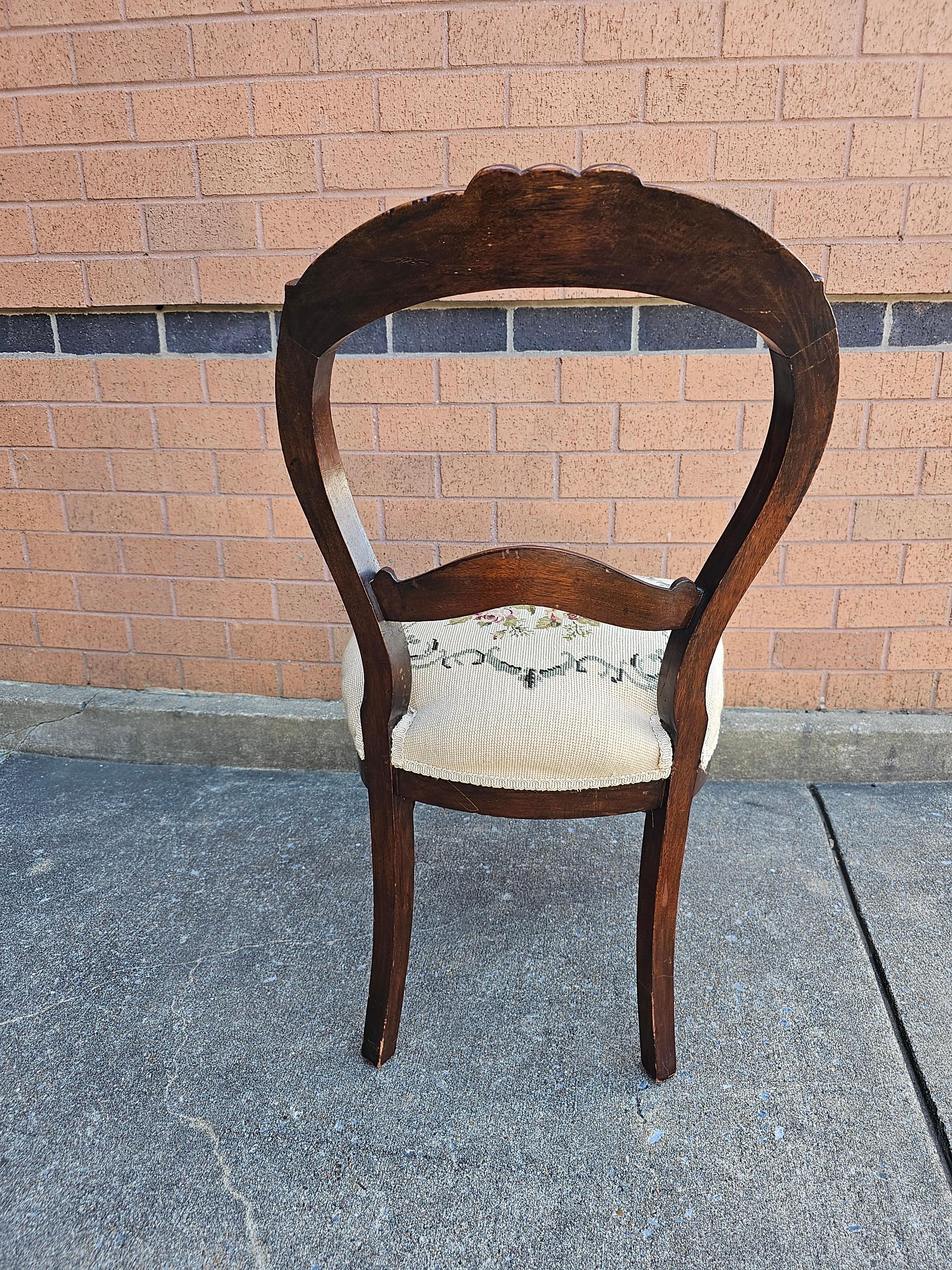 Victorian Walnut Needlepoint Upholstered Side Chair In Excellent Condition In Germantown, MD