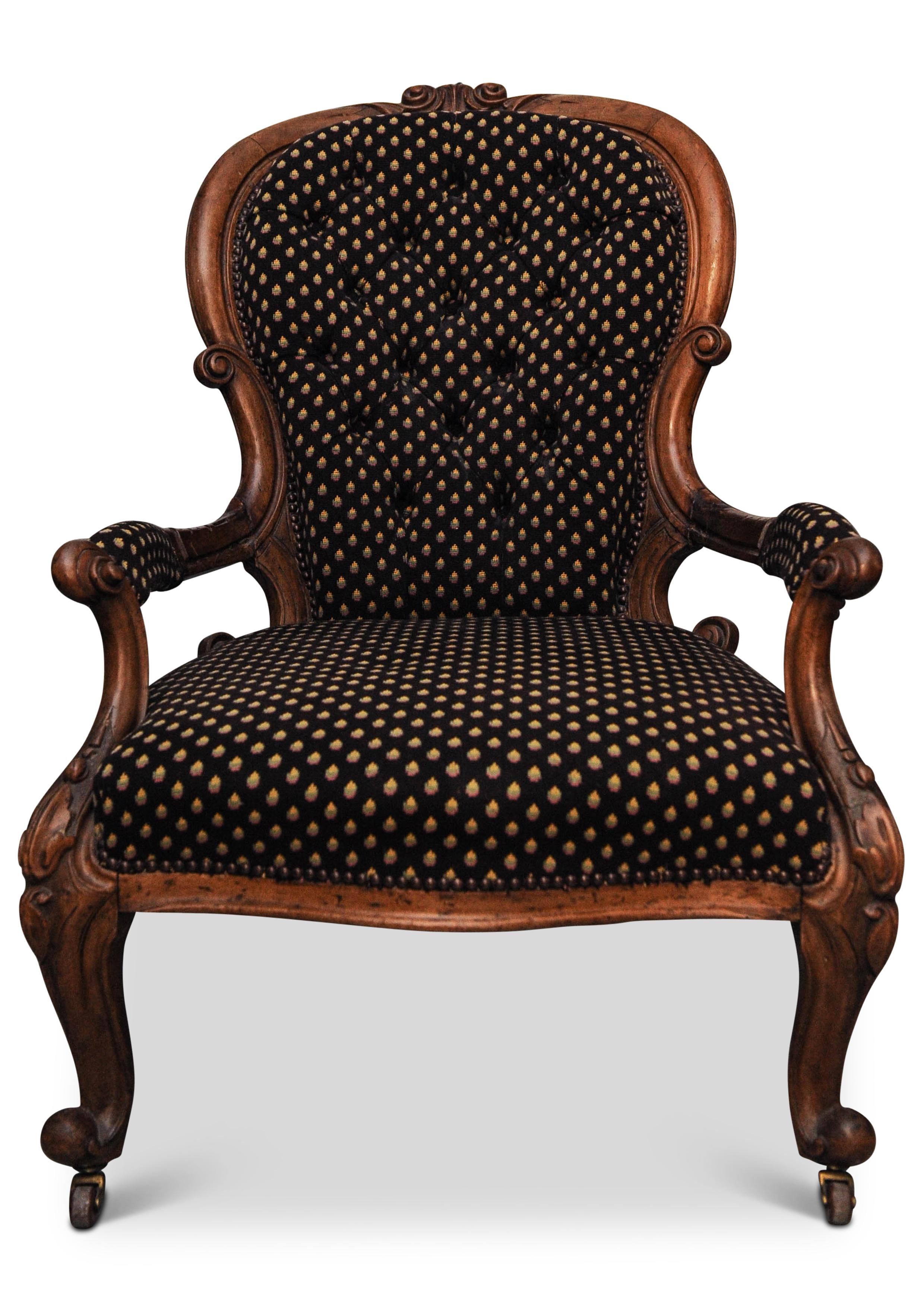 British Victorian Walnut Open Armchair With Serpentine Seat On Scroll Supports & Castors For Sale