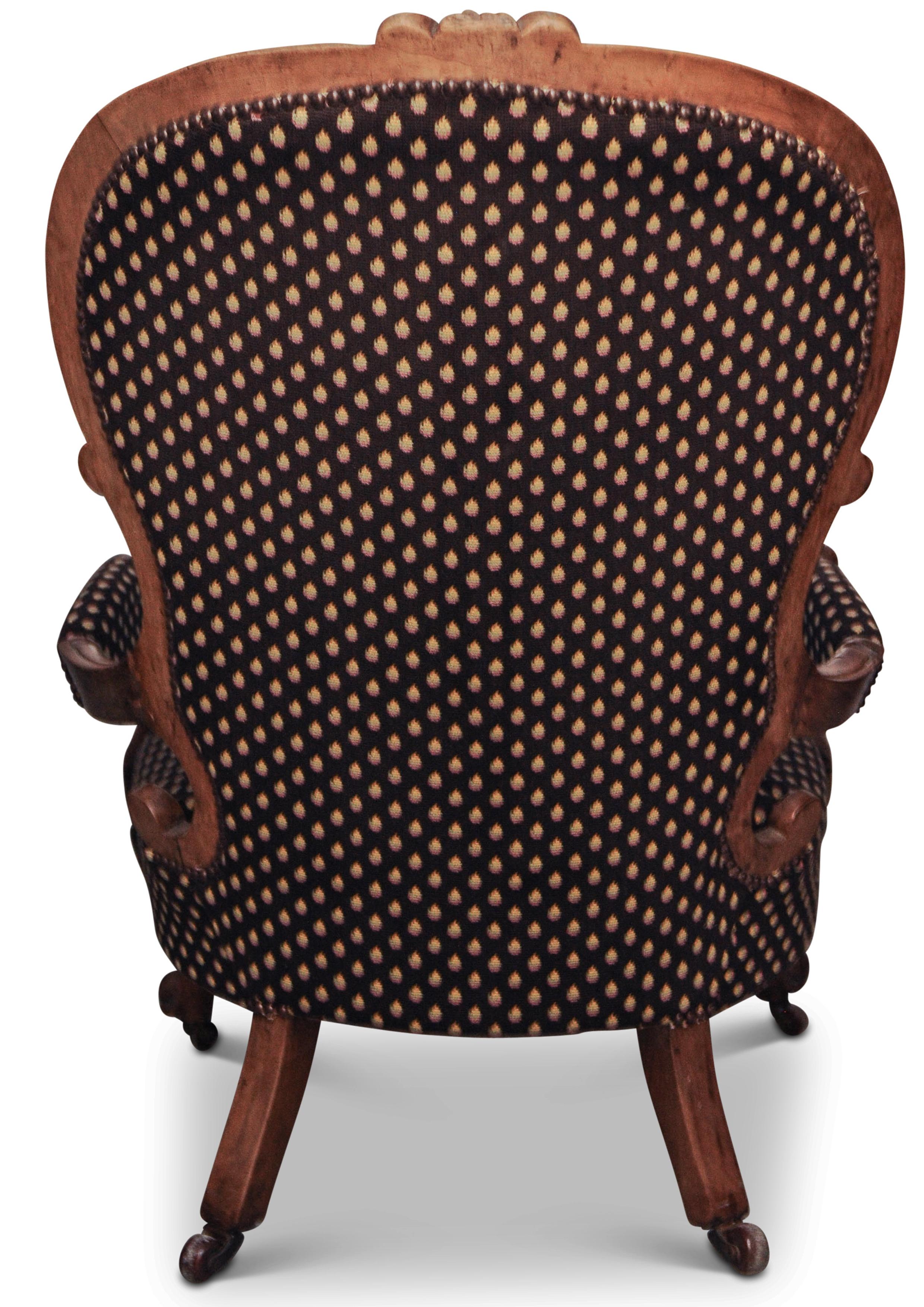 Brass Victorian Walnut Open Armchair With Serpentine Seat On Scroll Supports & Castors For Sale