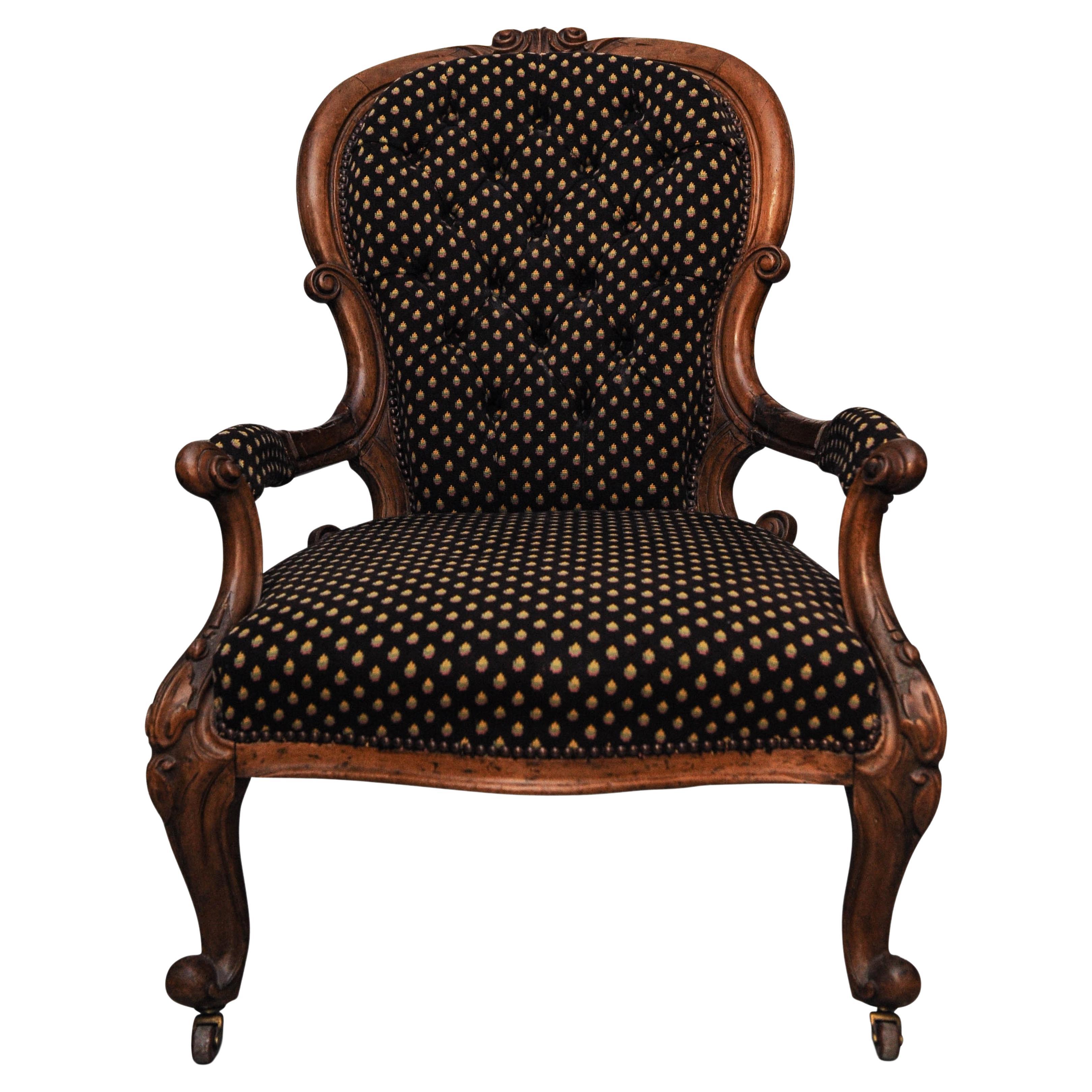 Victorian Walnut Open Armchair With Serpentine Seat On Scroll Supports & Castors