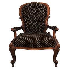 Antique Victorian Walnut Open Armchair With Serpentine Seat On Scroll Supports & Castors
