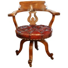 English Victorian Walnut Revolving Desk Chair with leather seat, Circa 1880