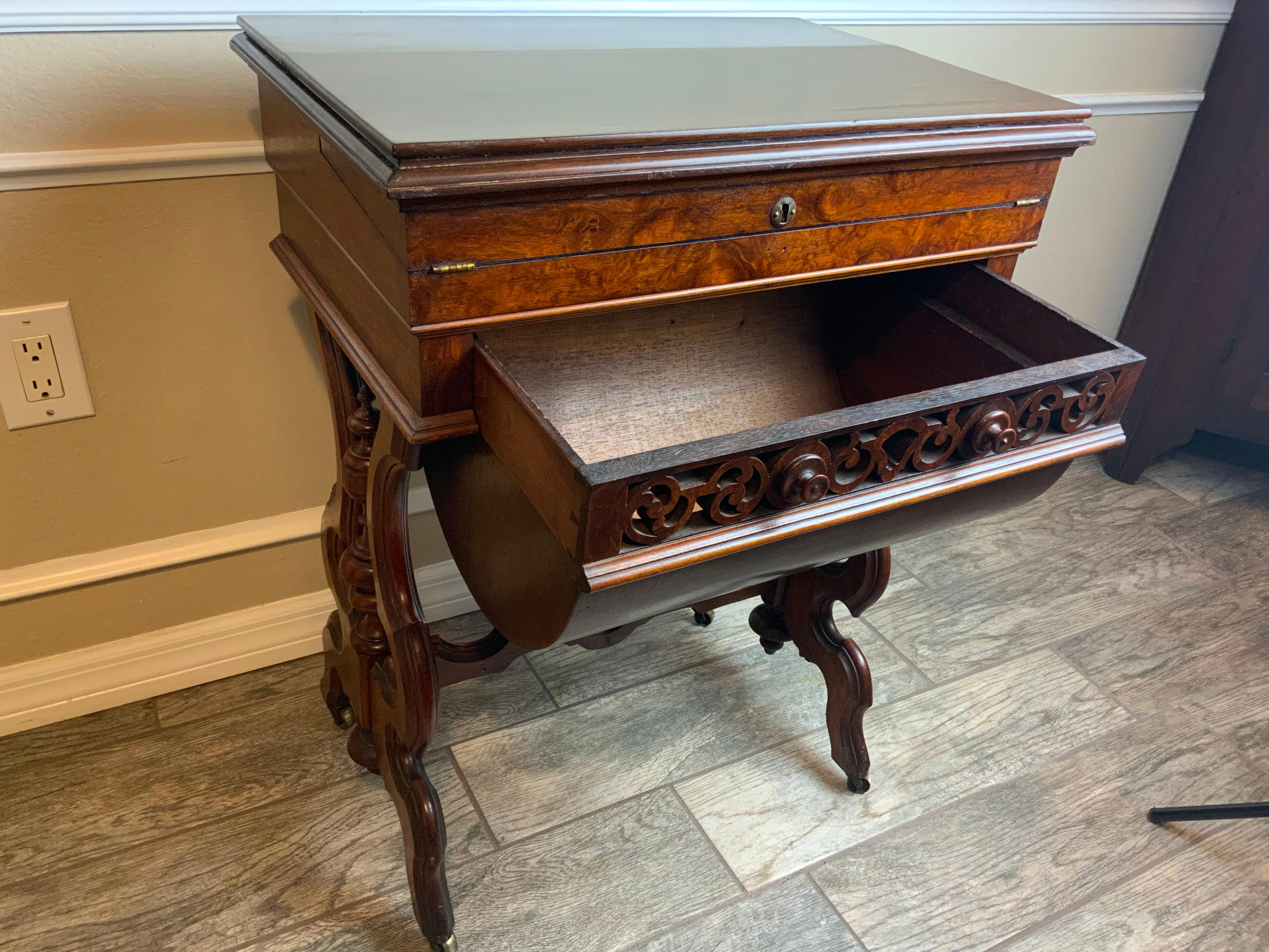 American Victorian Walnut Sewing Table For Sale