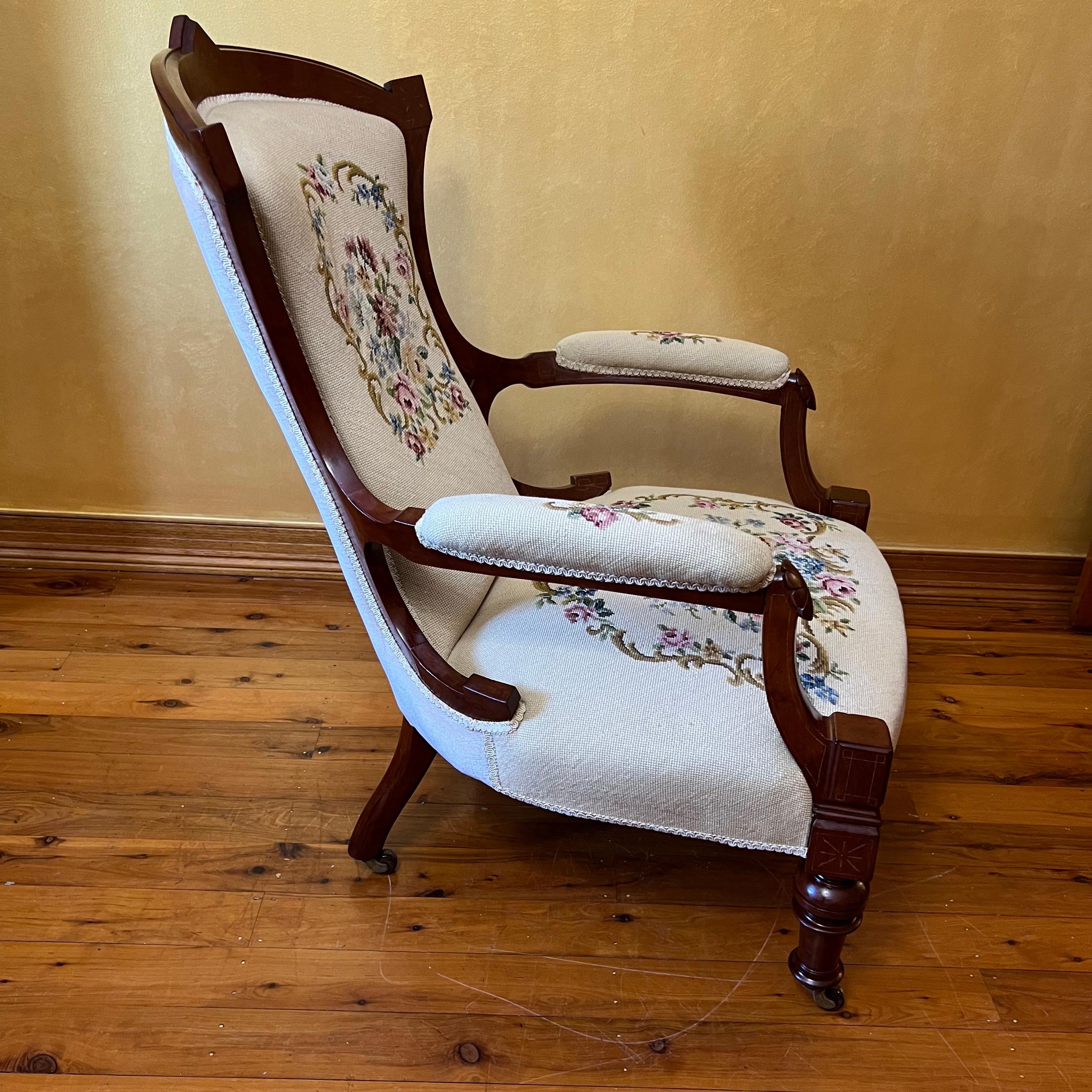 19th Century Victorian Walnut Tapestry Armchair For Sale
