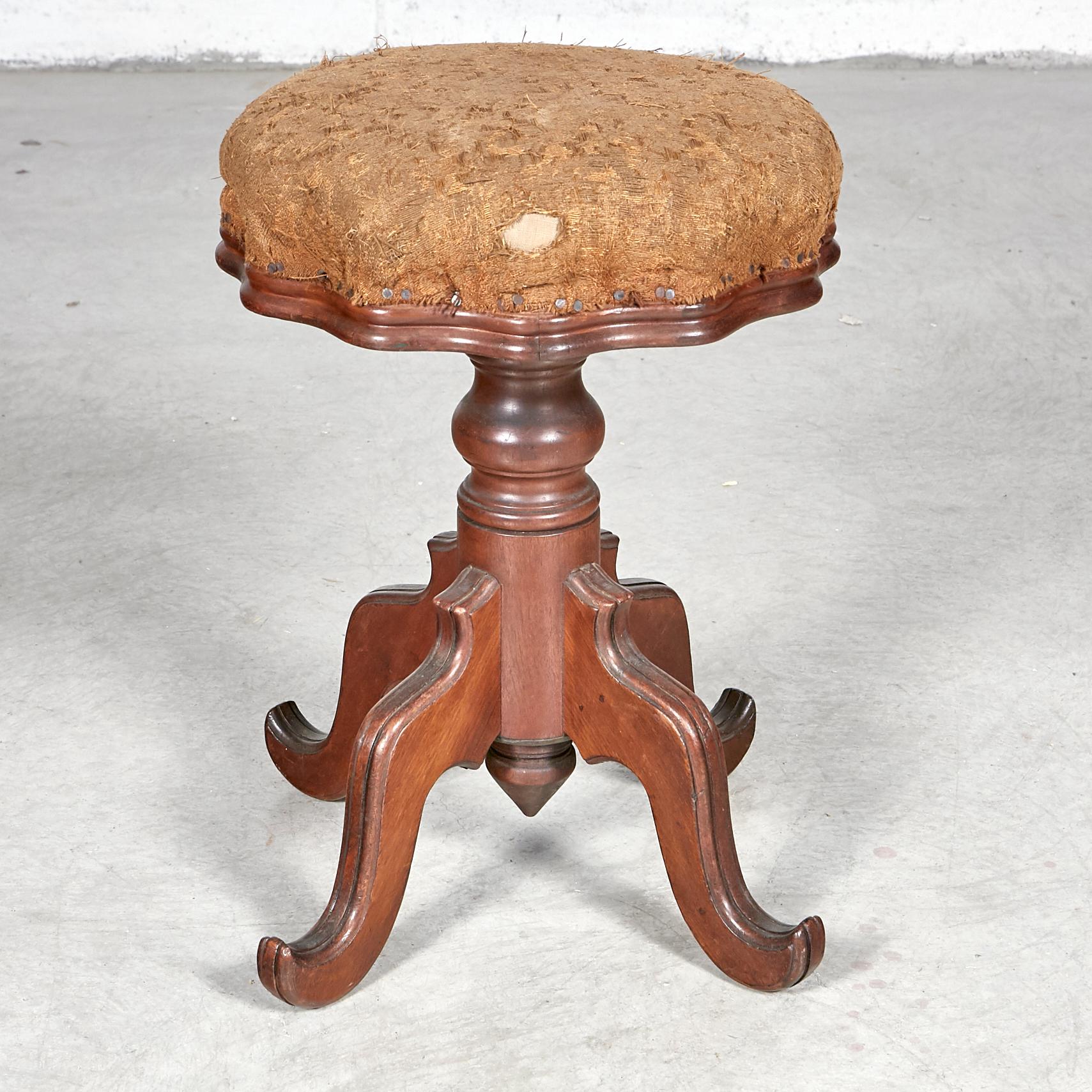 Vintage Victorian era walnut wood adjustable piano stool with the original fabric. Stool mechanism is marked. Original condition. No other maker's mark.