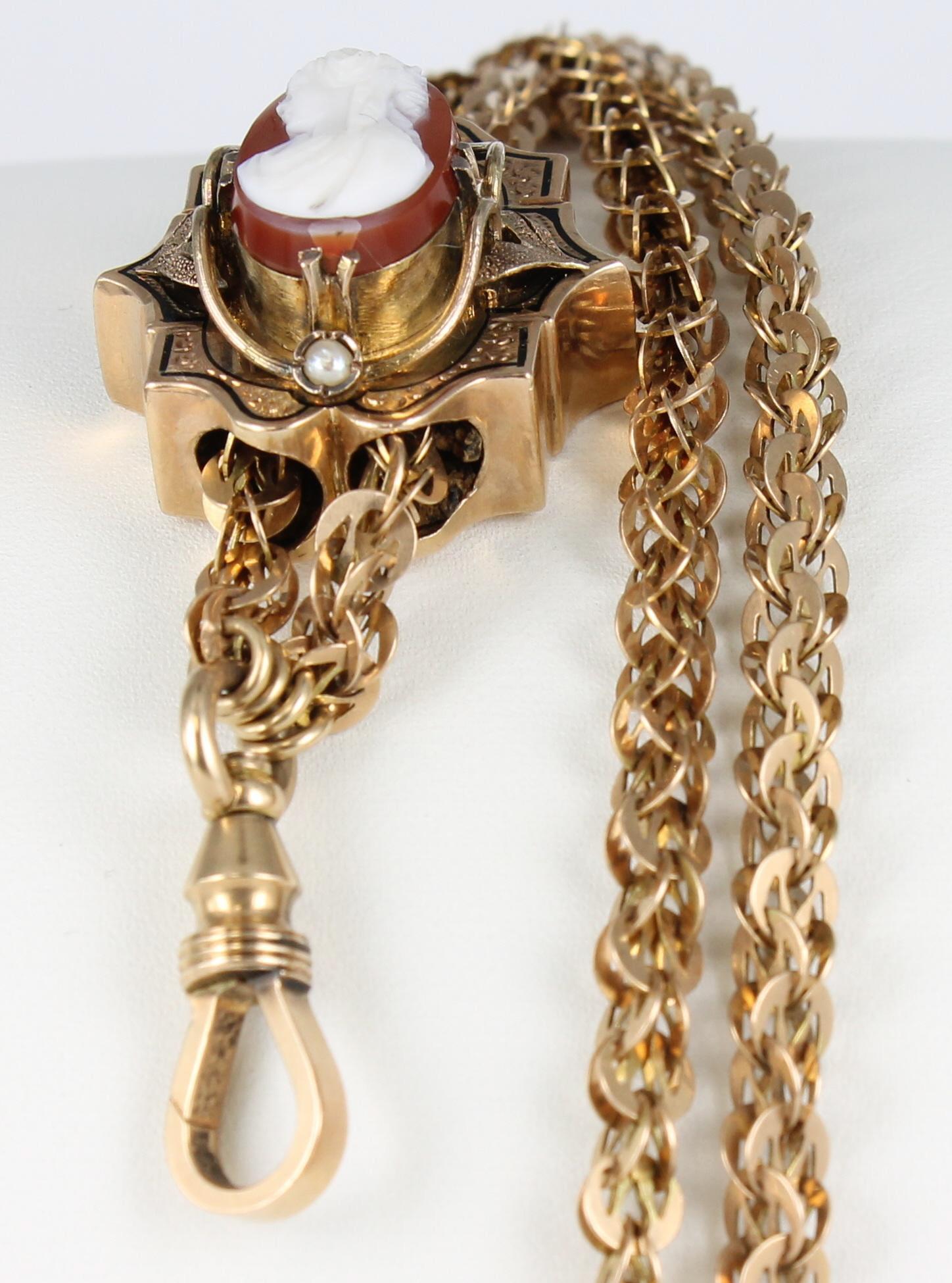Victorian Watch Chain and Cameo Slide in 15 Karat Yellow Gold In Excellent Condition In Atlanta, GA