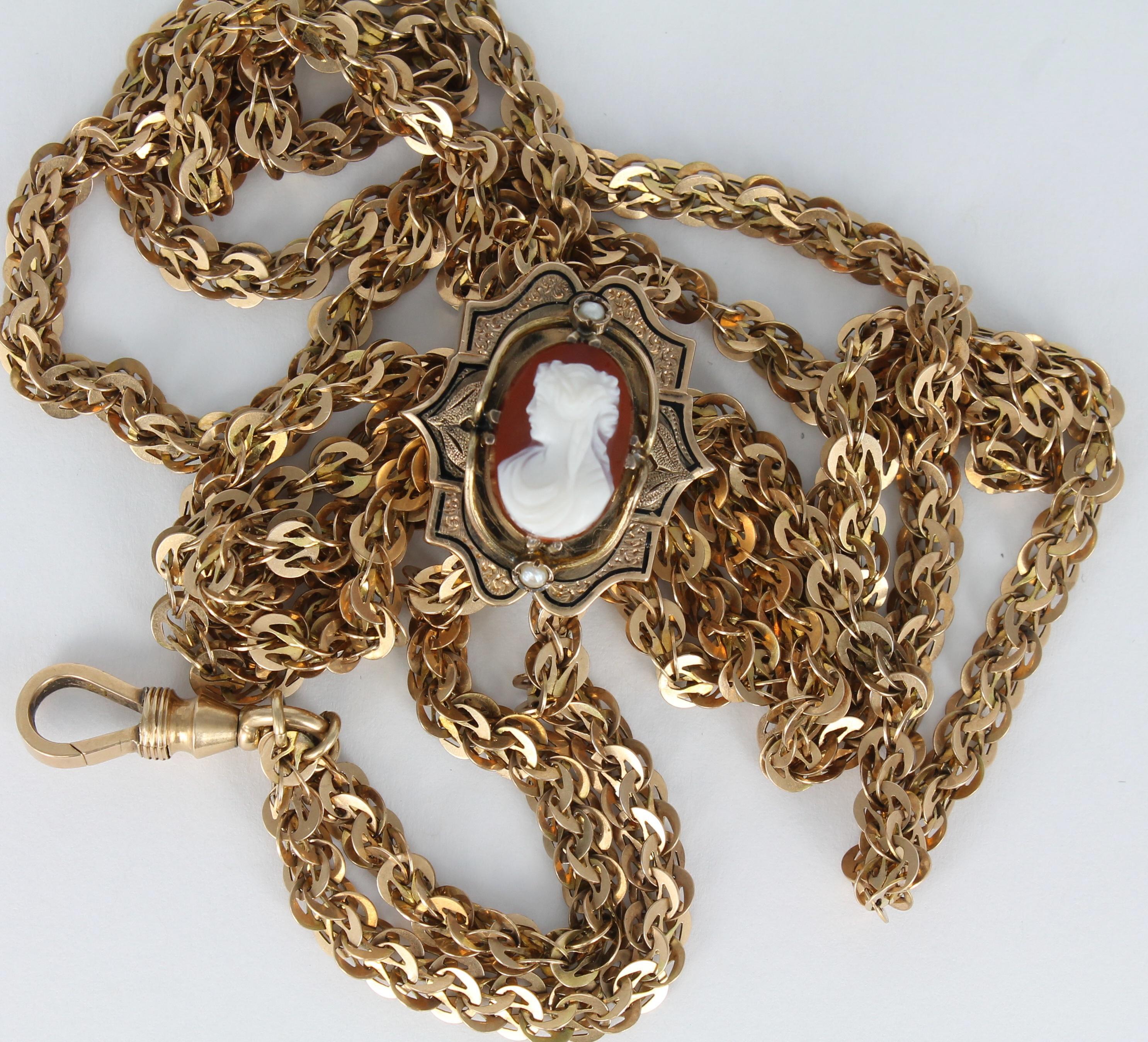 Women's or Men's Victorian Watch Chain and Cameo Slide in 15 Karat Yellow Gold