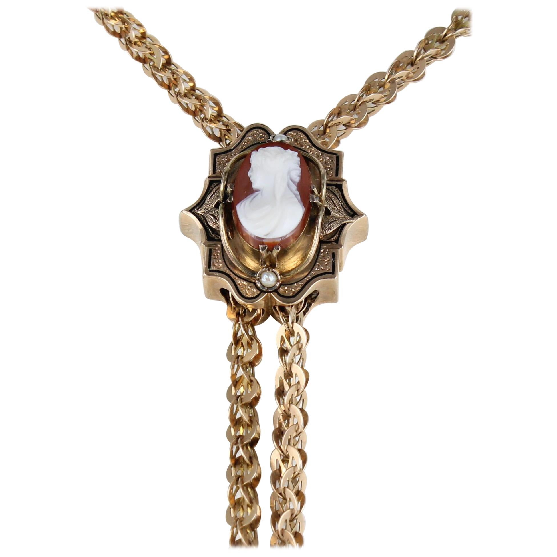 Victorian Watch Chain and Cameo Slide in 15 Karat Yellow Gold