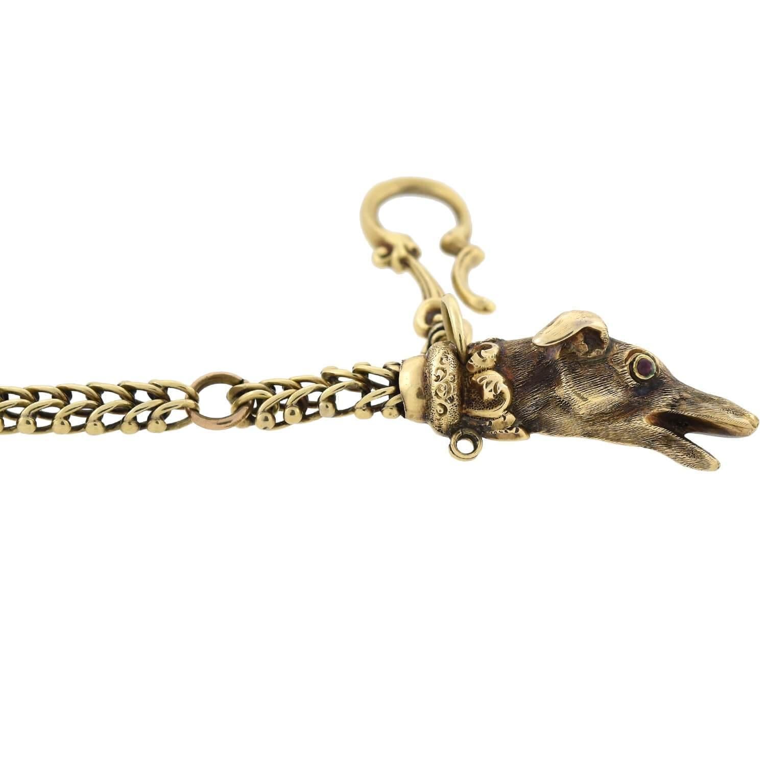 Victorian Watch Chain and Garnet Greyhound Dog Head Fob In Good Condition In Narberth, PA