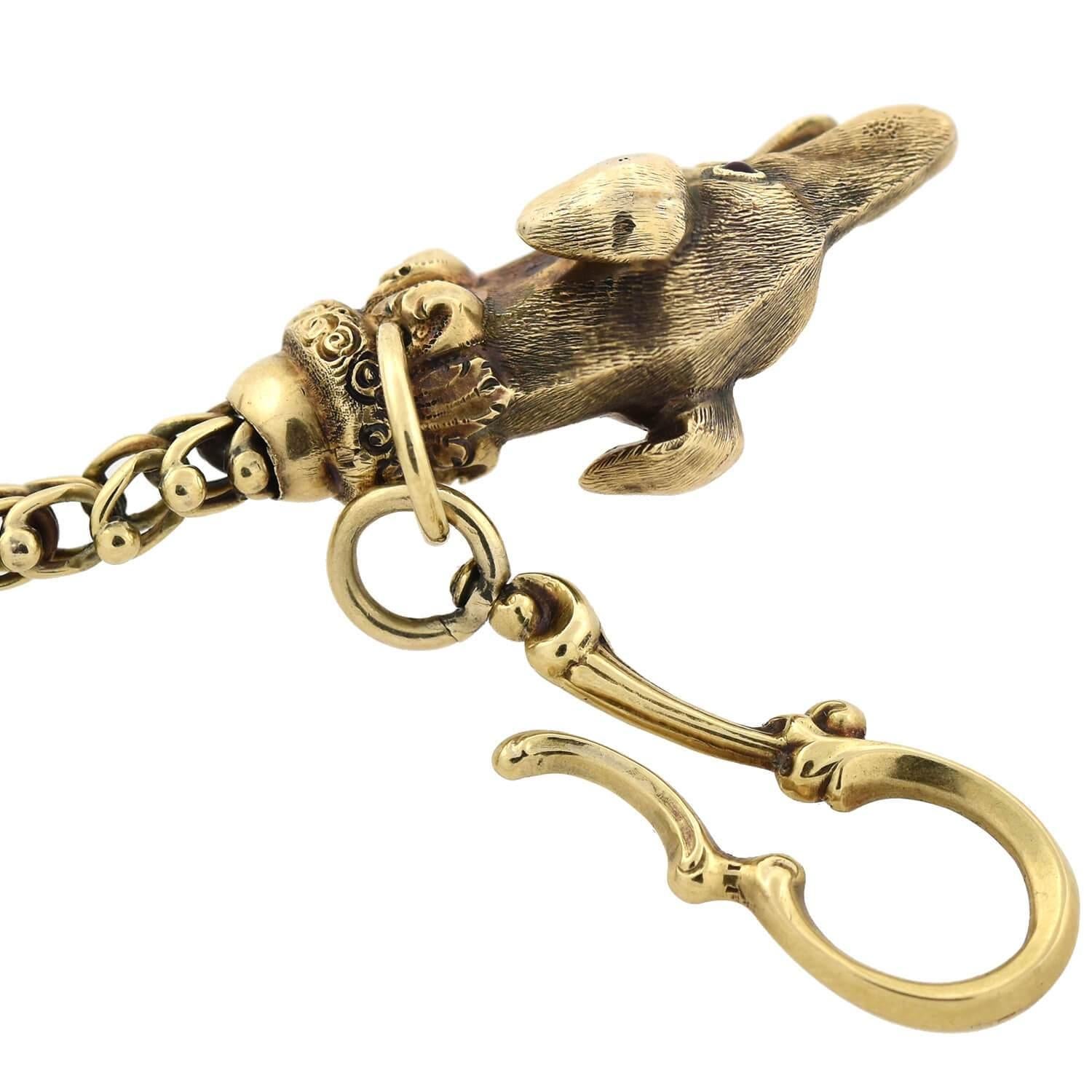 Victorian Watch Chain and Garnet Greyhound Dog Head Fob 1