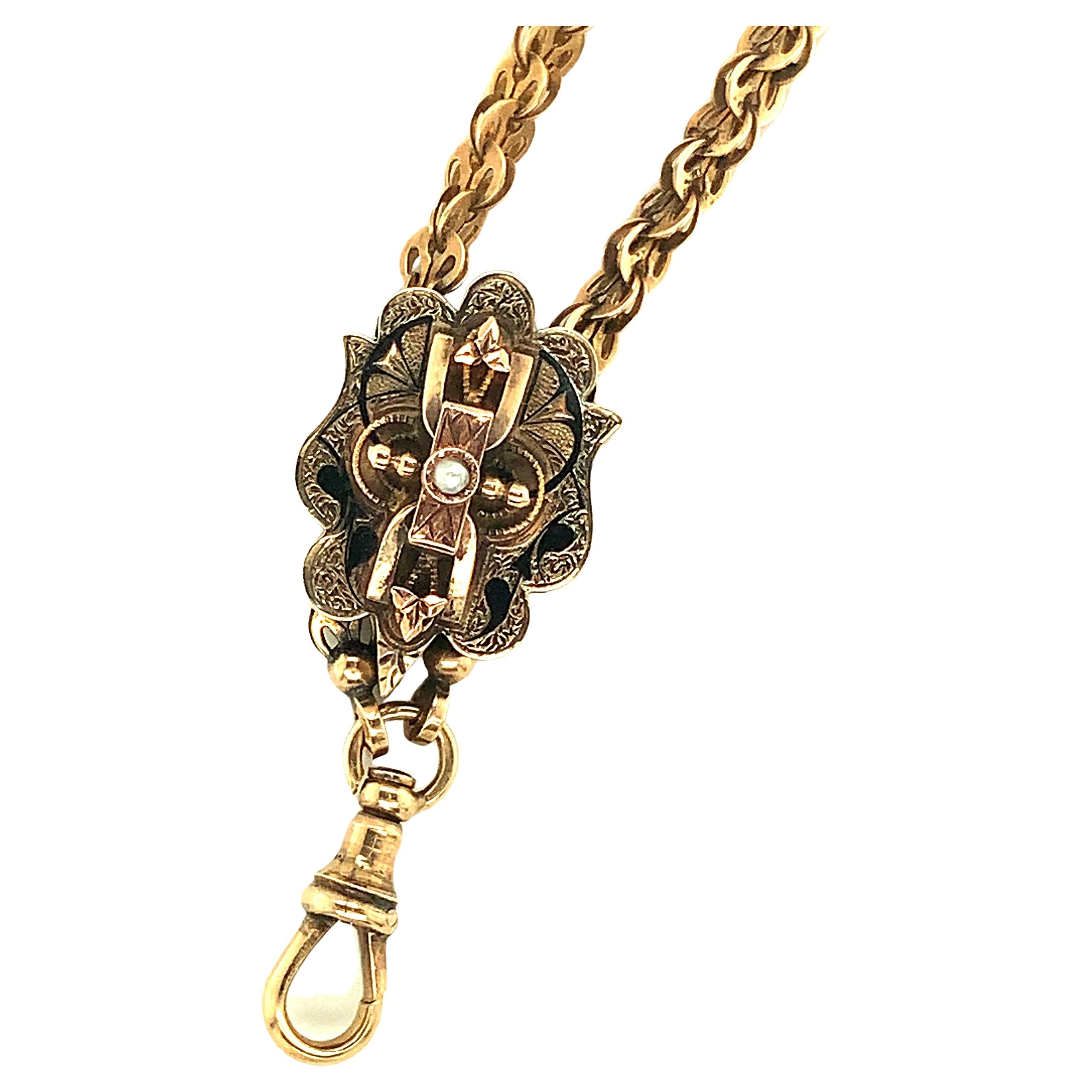 Victorian Watch Chain with LG Pearl Slide 29dwt