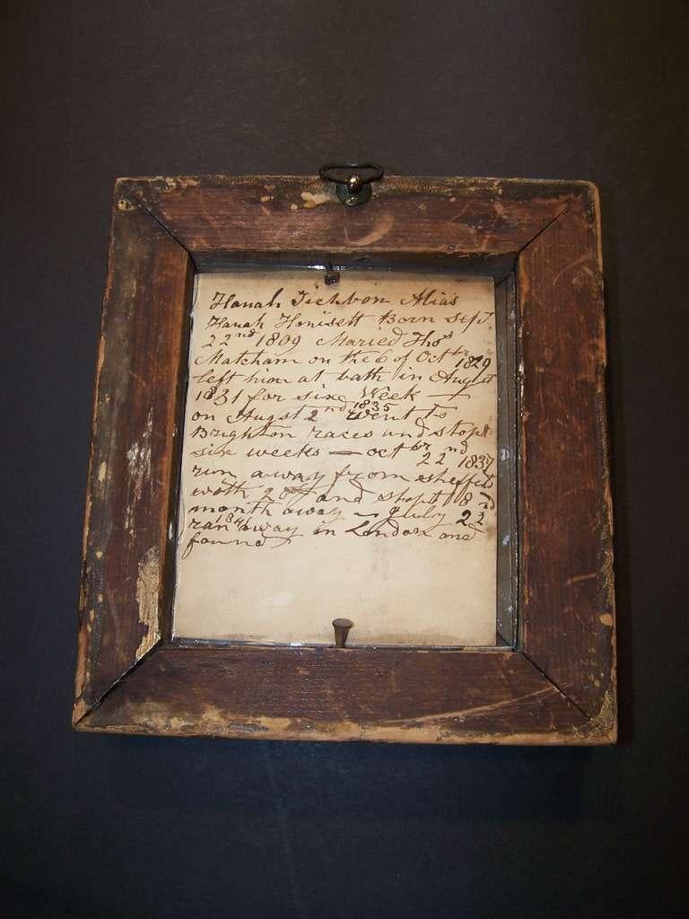 The hand-written notes on the back of this miniature watercolor tell what was, at the time, a scandalous story. 
The portrait is of Hanah Tichbon. The inscription reads in part, 