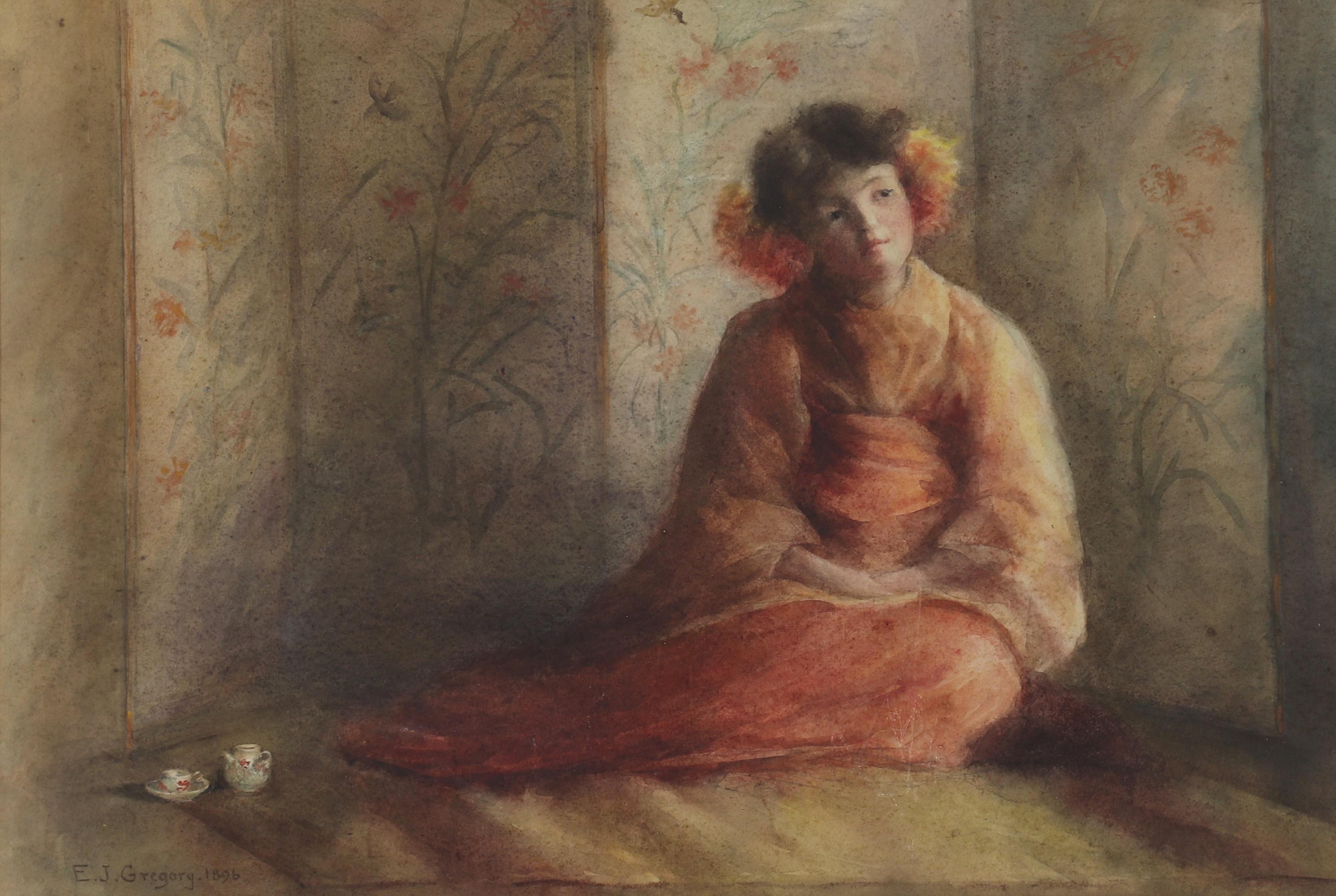English Victorian Watercolour 'Seated Girl In A Kimono' signed 'E J Gregory' 1896 For Sale