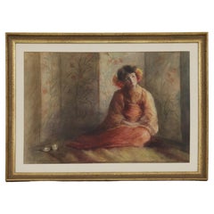 Acuarela victoriana 'Muchacha sentada con kimono' firmada 'E J. Gregory' 1896