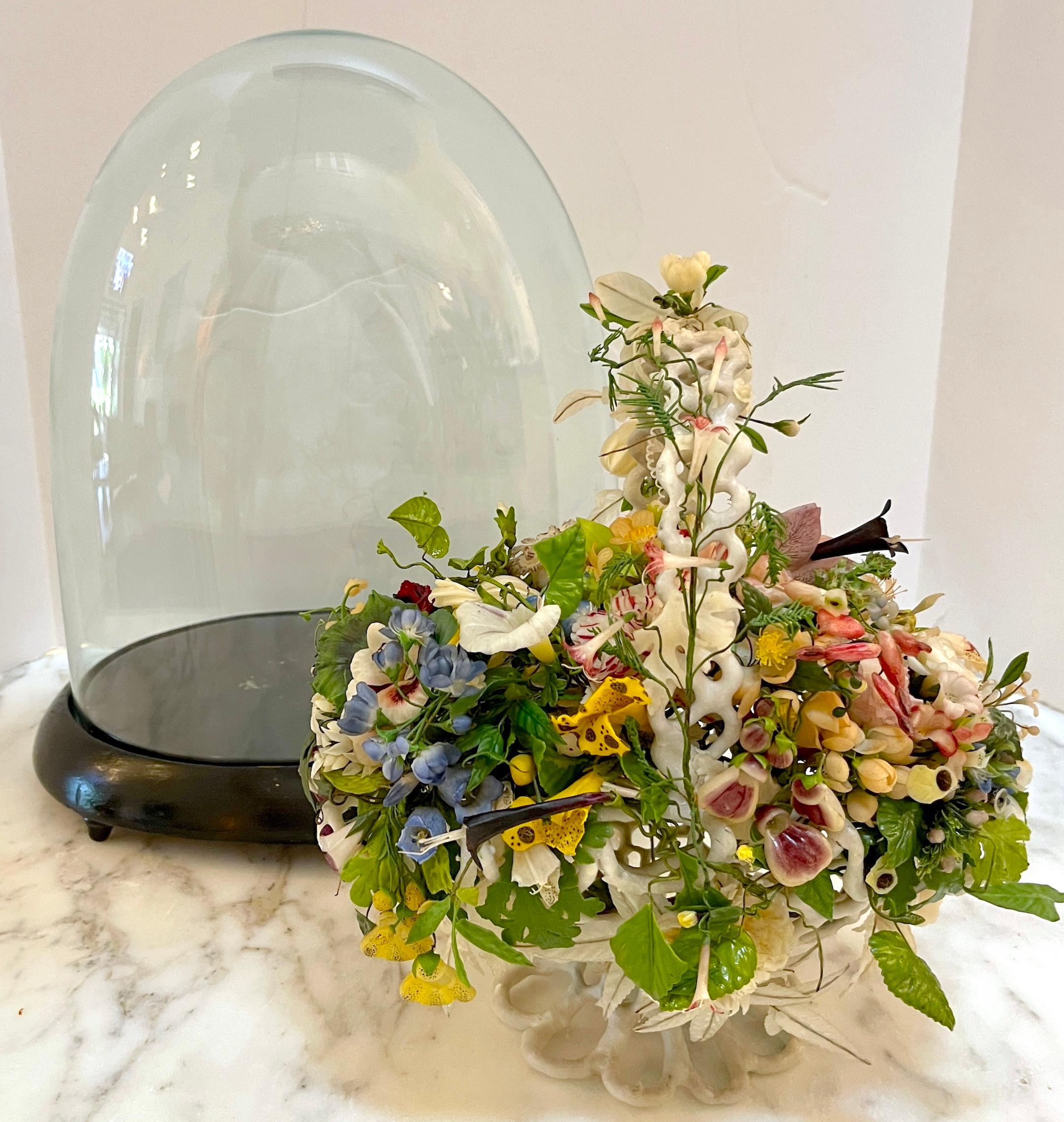 Victorian Wax Flower Basket Still Life Under Oval Glass Dome For Sale 13