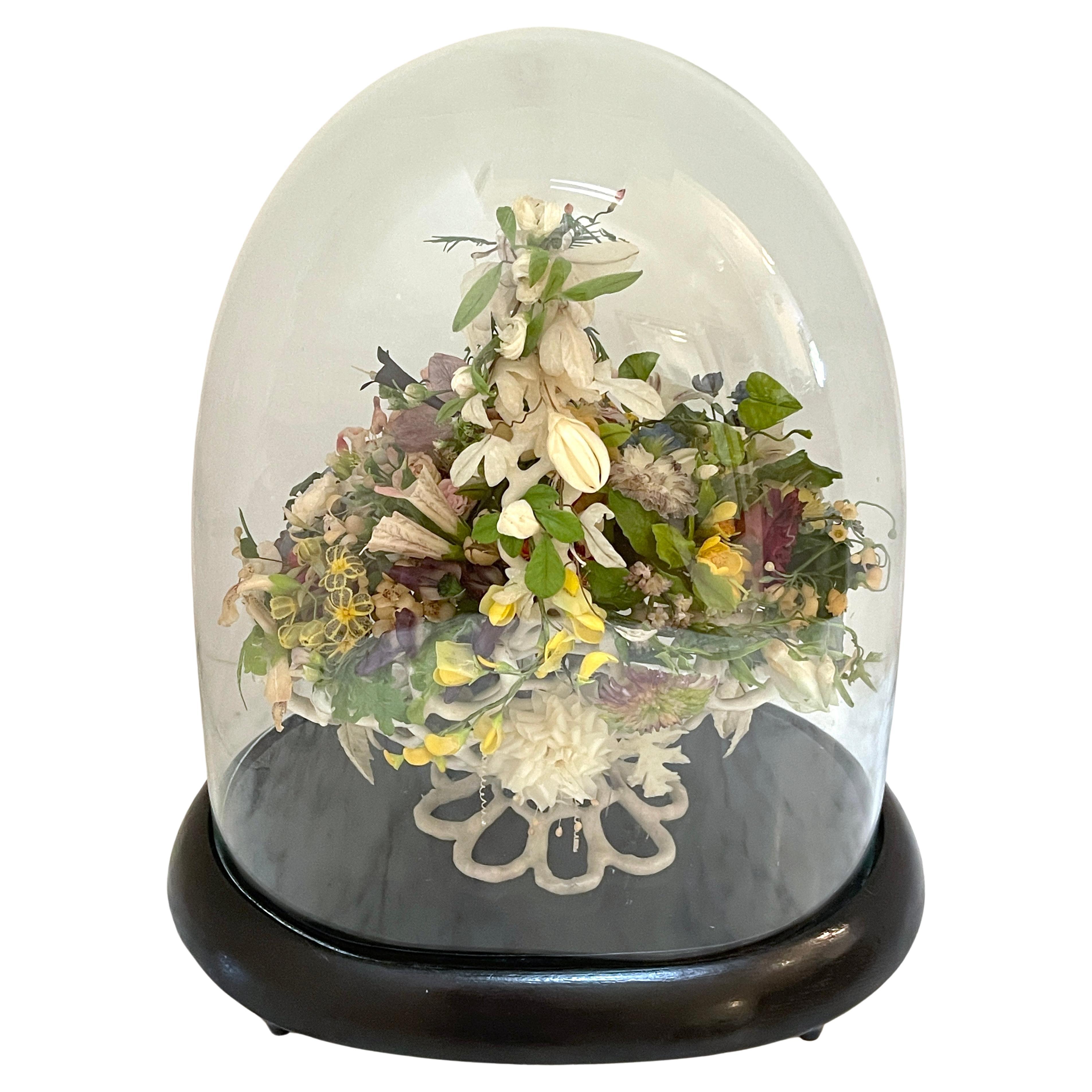 Victorian Wax Flower Basket Still Life Under Oval Glass Dome For Sale