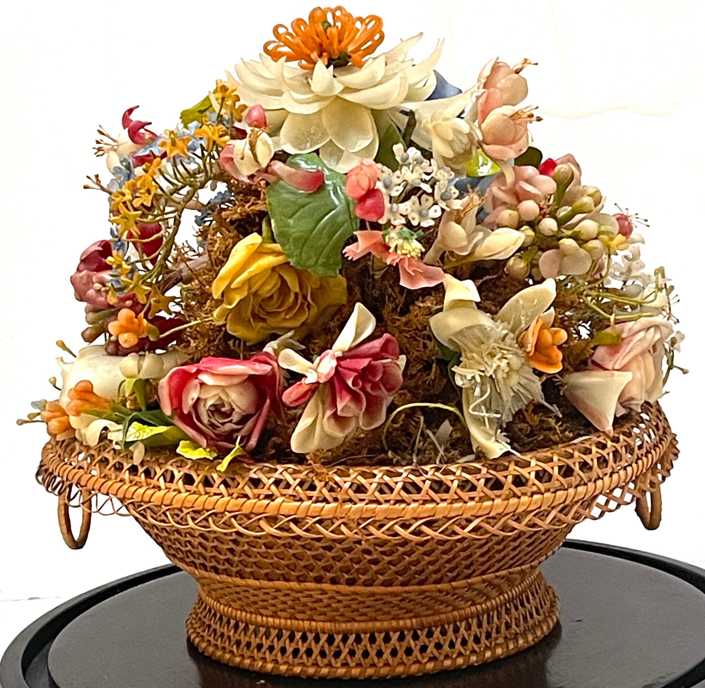 Victorian Wax Flower Still Life Basket Under Round Glass Dome For Sale 2