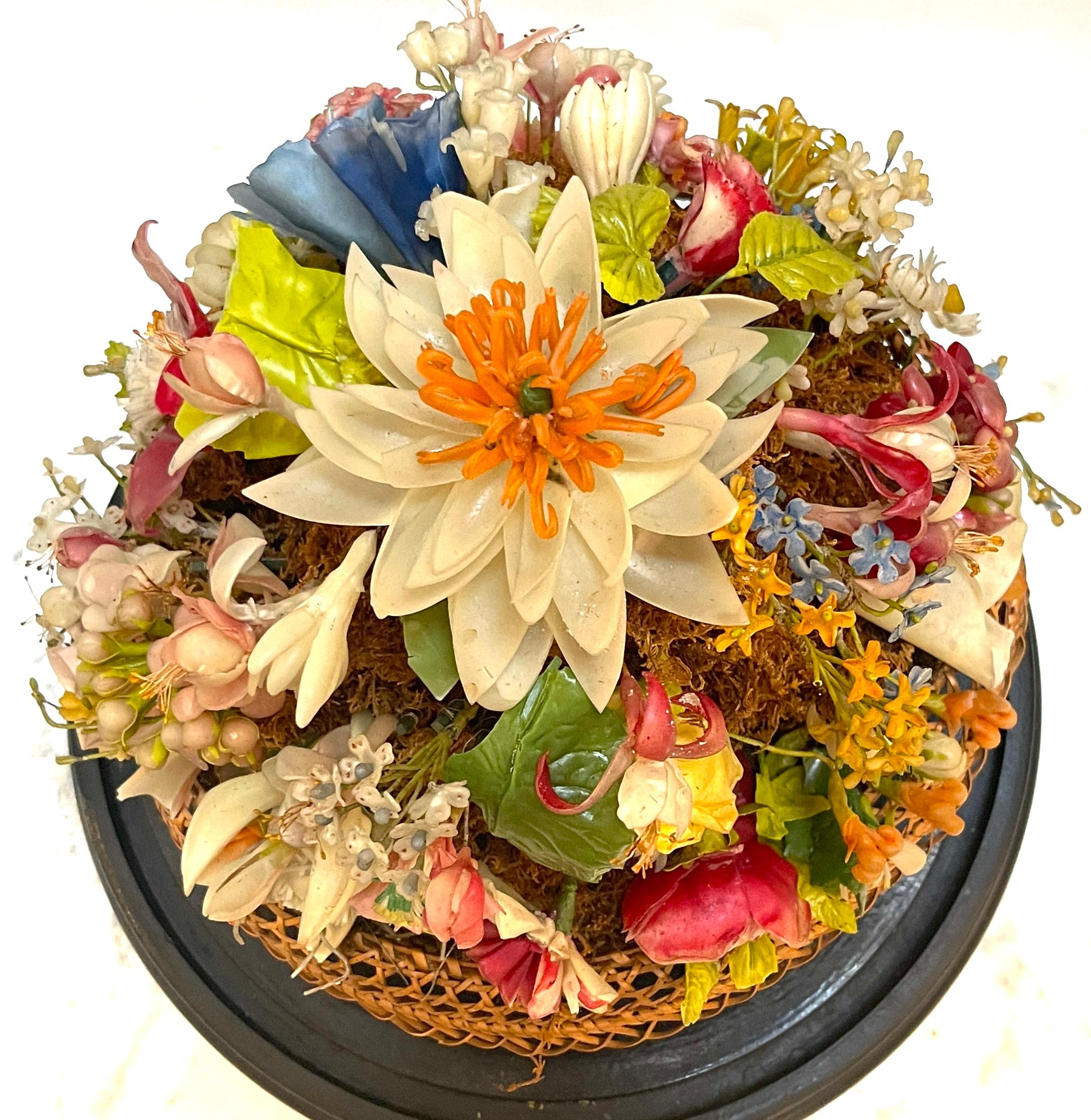 Victorian Wax Flower Still Life Basket Under Round Glass Dome For Sale 4