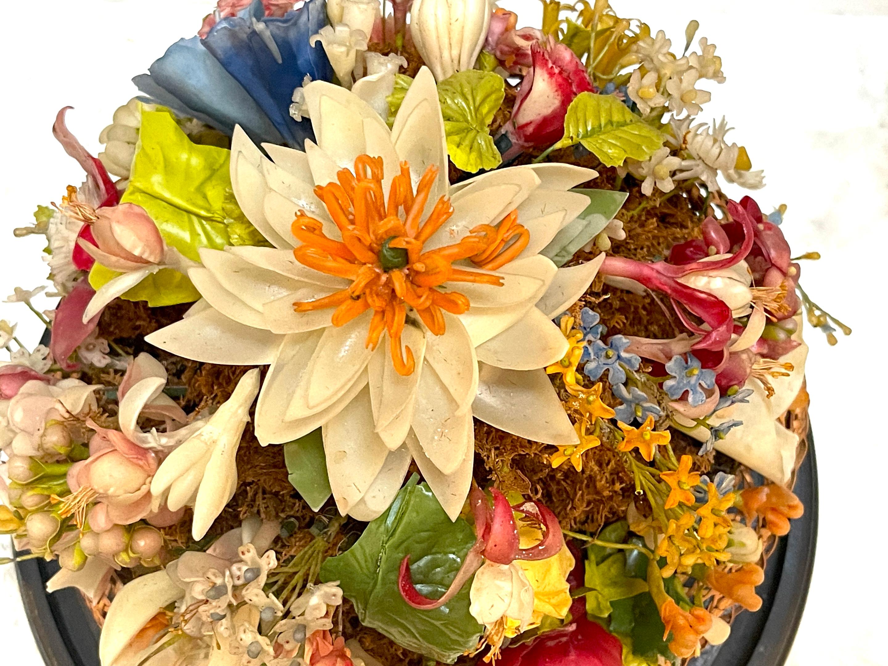 Victorian Wax Flower Still Life Basket Under Round Glass Dome For Sale 5
