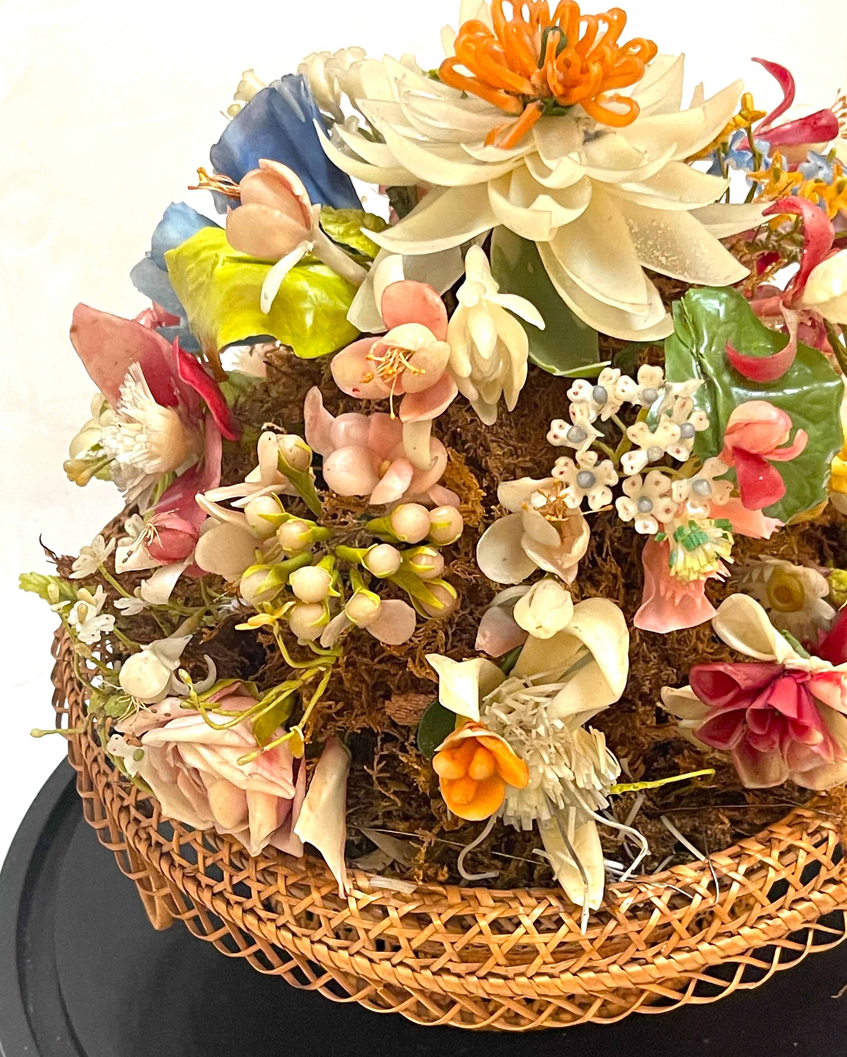 Victorian Wax Flower Still Life Basket Under Round Glass Dome For Sale 6
