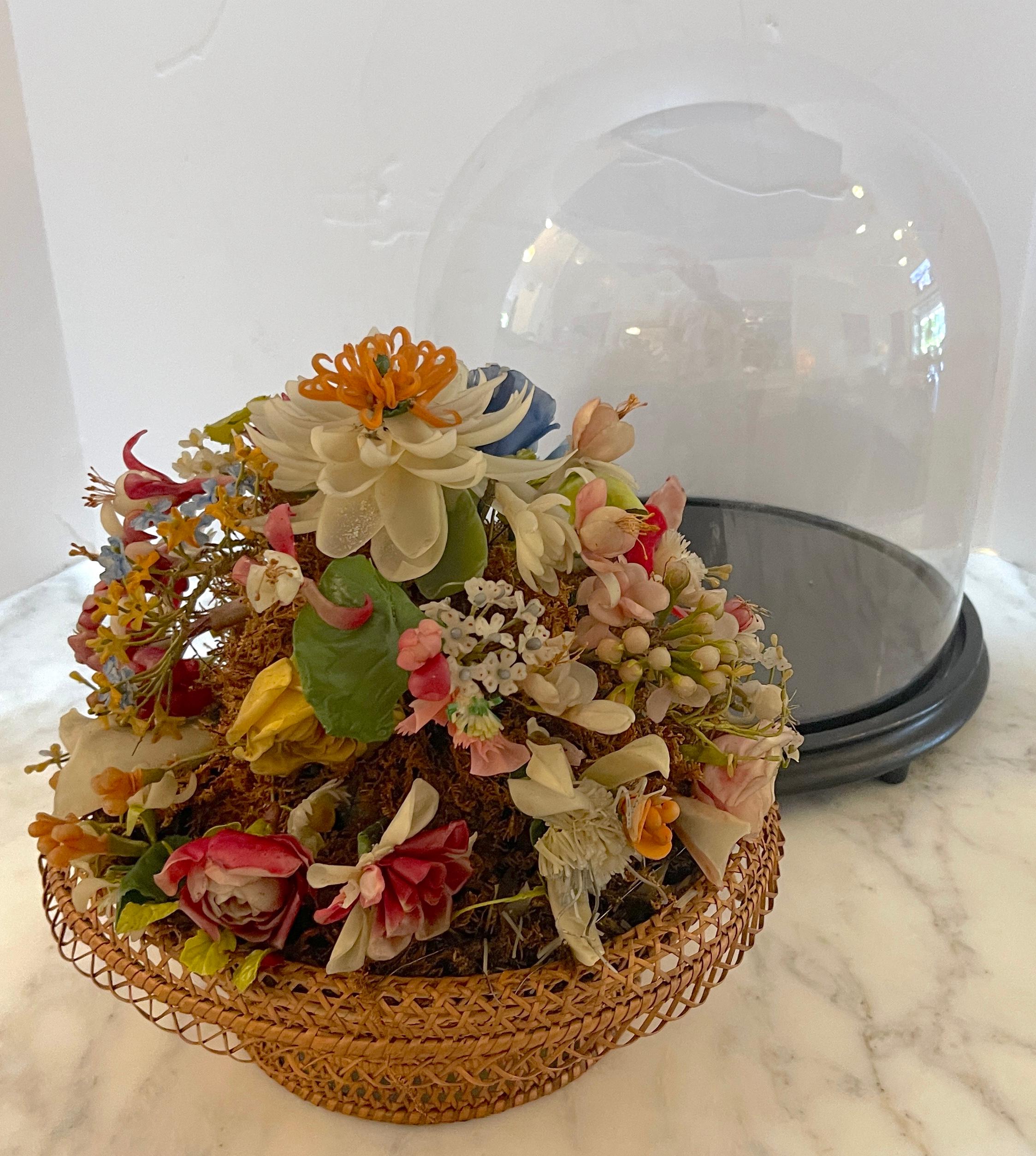Victorian Wax Flower Still Life Basket Under Round Glass Dome For Sale 7
