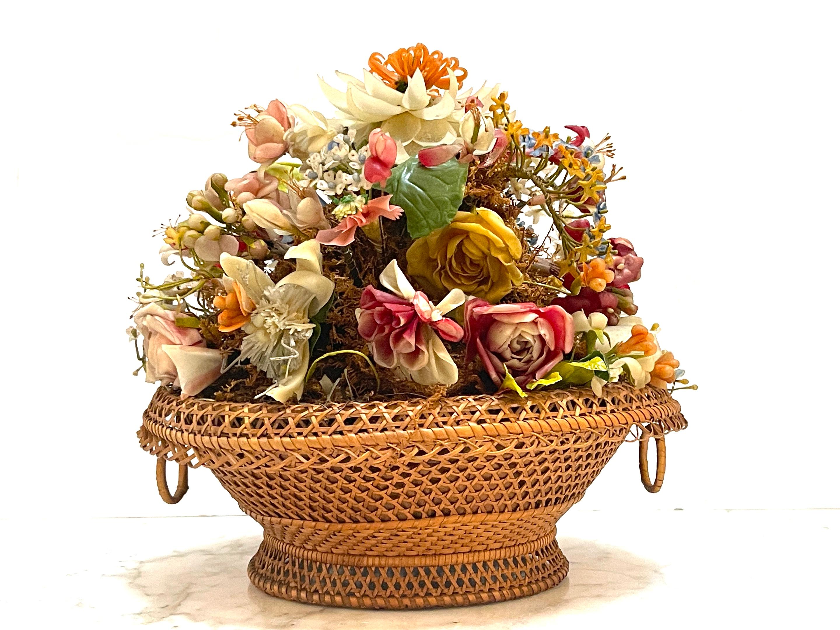 Victorian Wax Flower Still Life Basket Under Round Glass Dome For Sale 8
