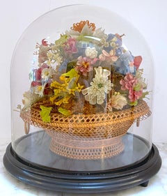Victorian Wax Flower Still Life Basket Under Round Glass Dome I