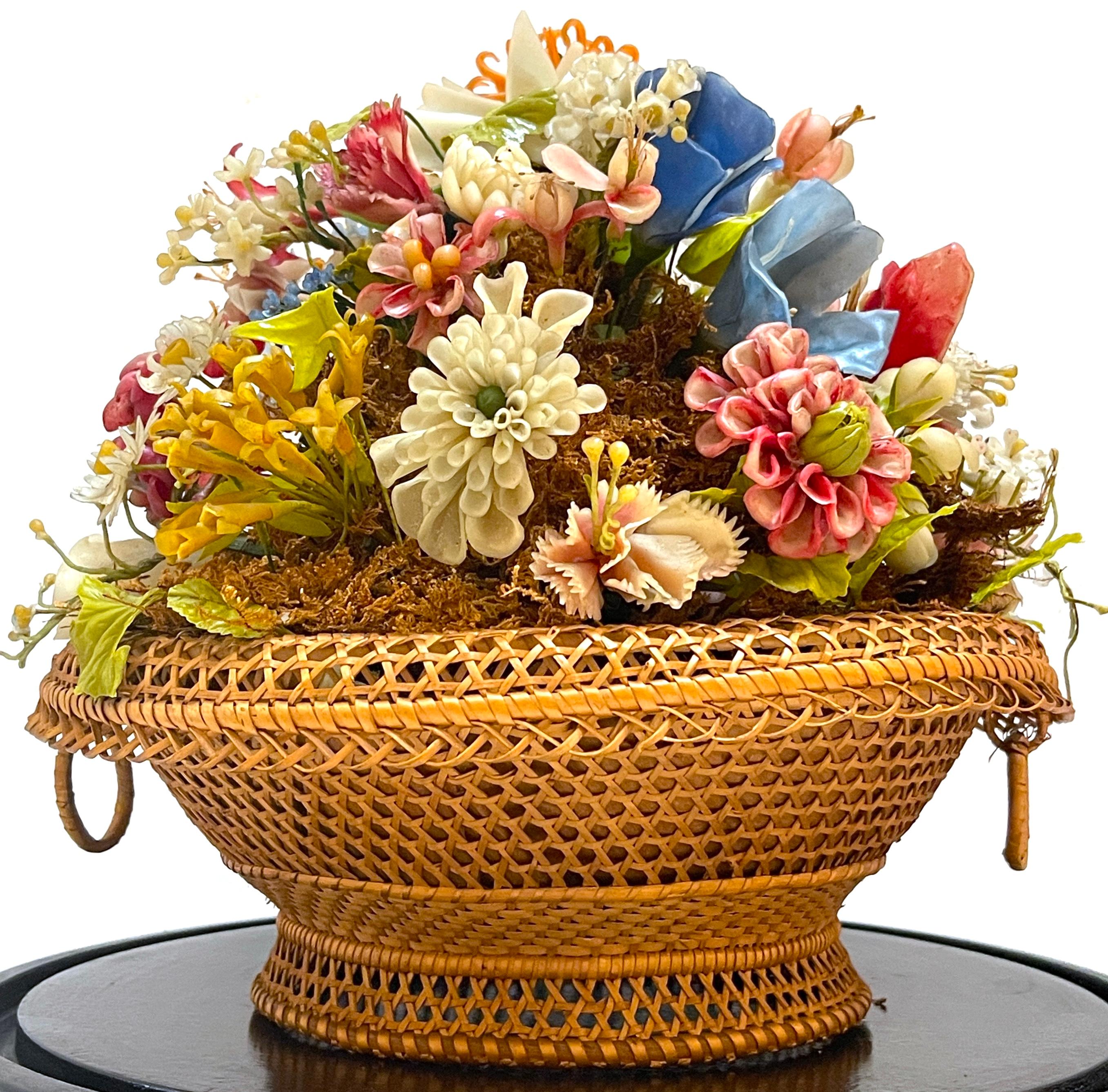 American Victorian Wax Flower Still Life Basket Under Round Glass Dome For Sale