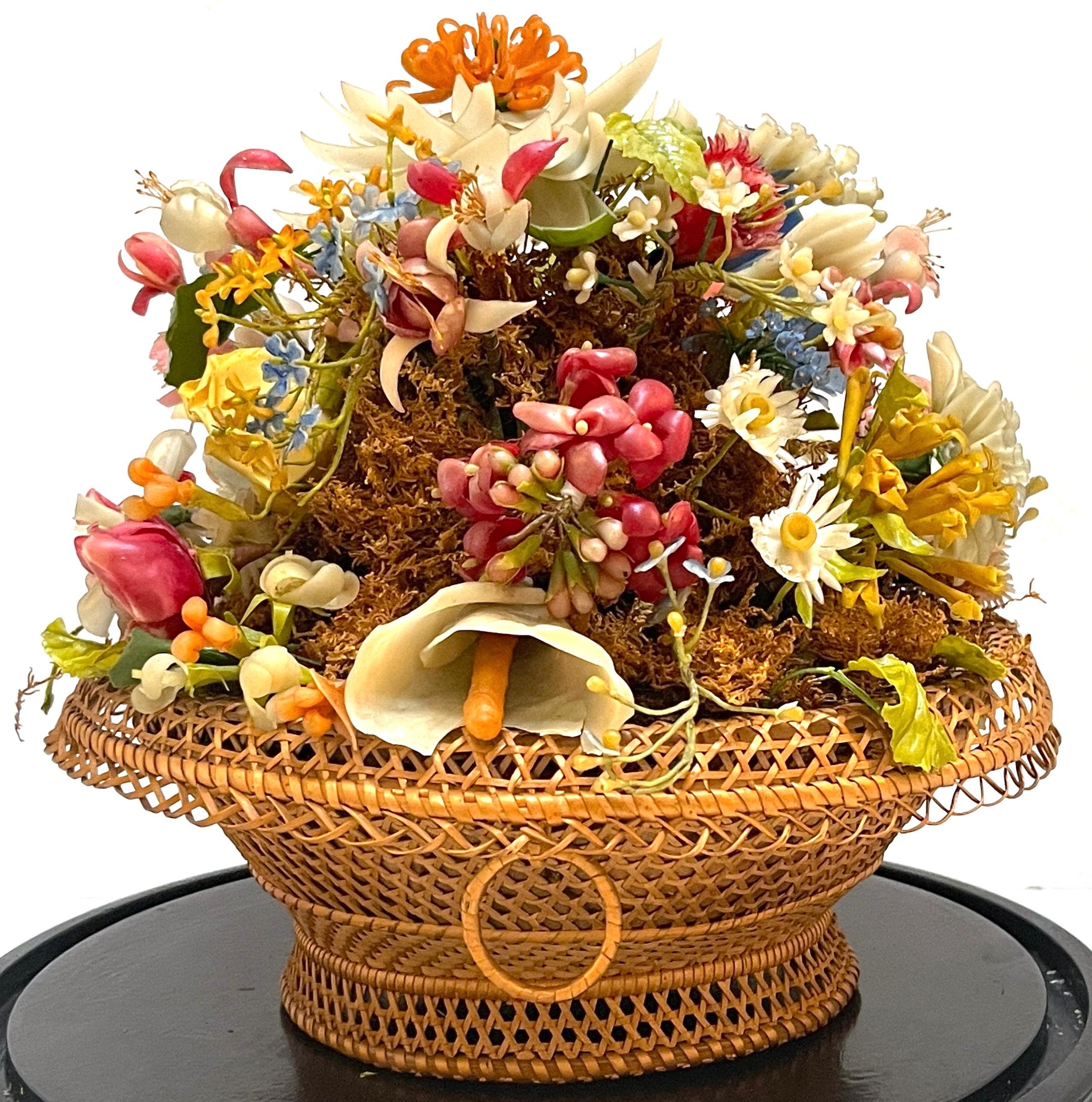 Ebonized Victorian Wax Flower Still Life Basket Under Round Glass Dome For Sale