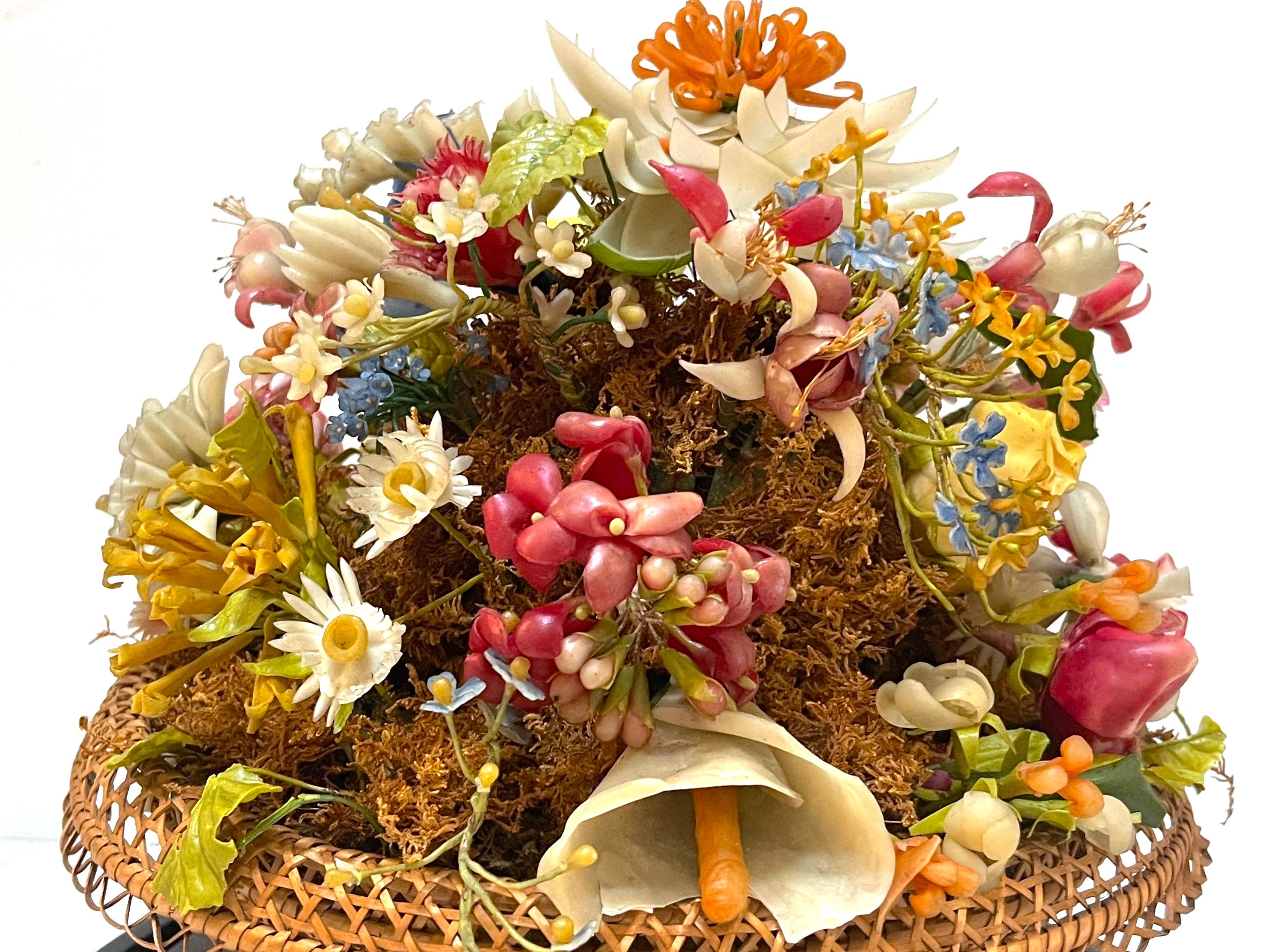 Victorian Wax Flower Still Life Basket Under Round Glass Dome In Good Condition For Sale In West Palm Beach, FL
