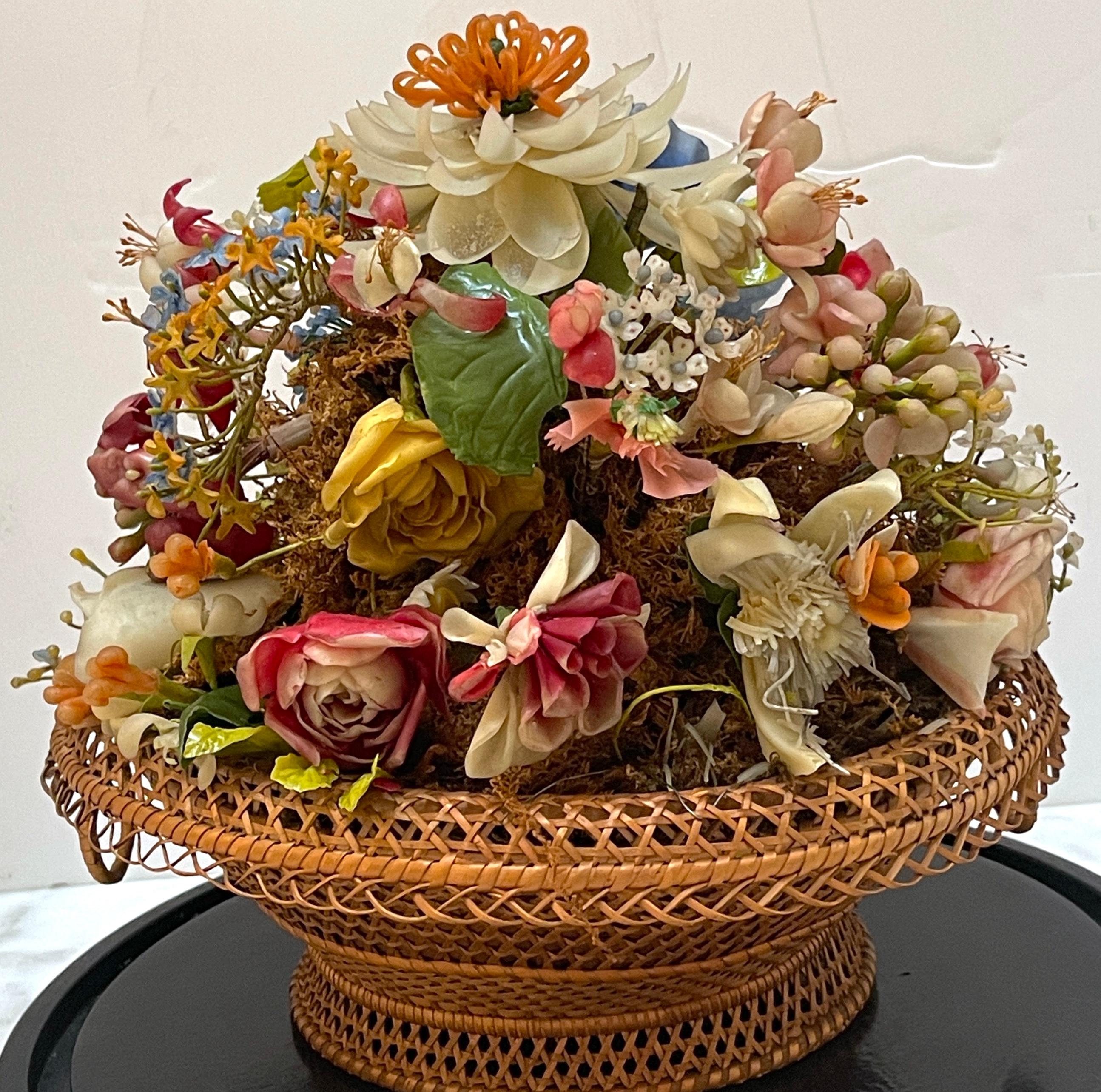 19th Century Victorian Wax Flower Still Life Basket Under Round Glass Dome For Sale