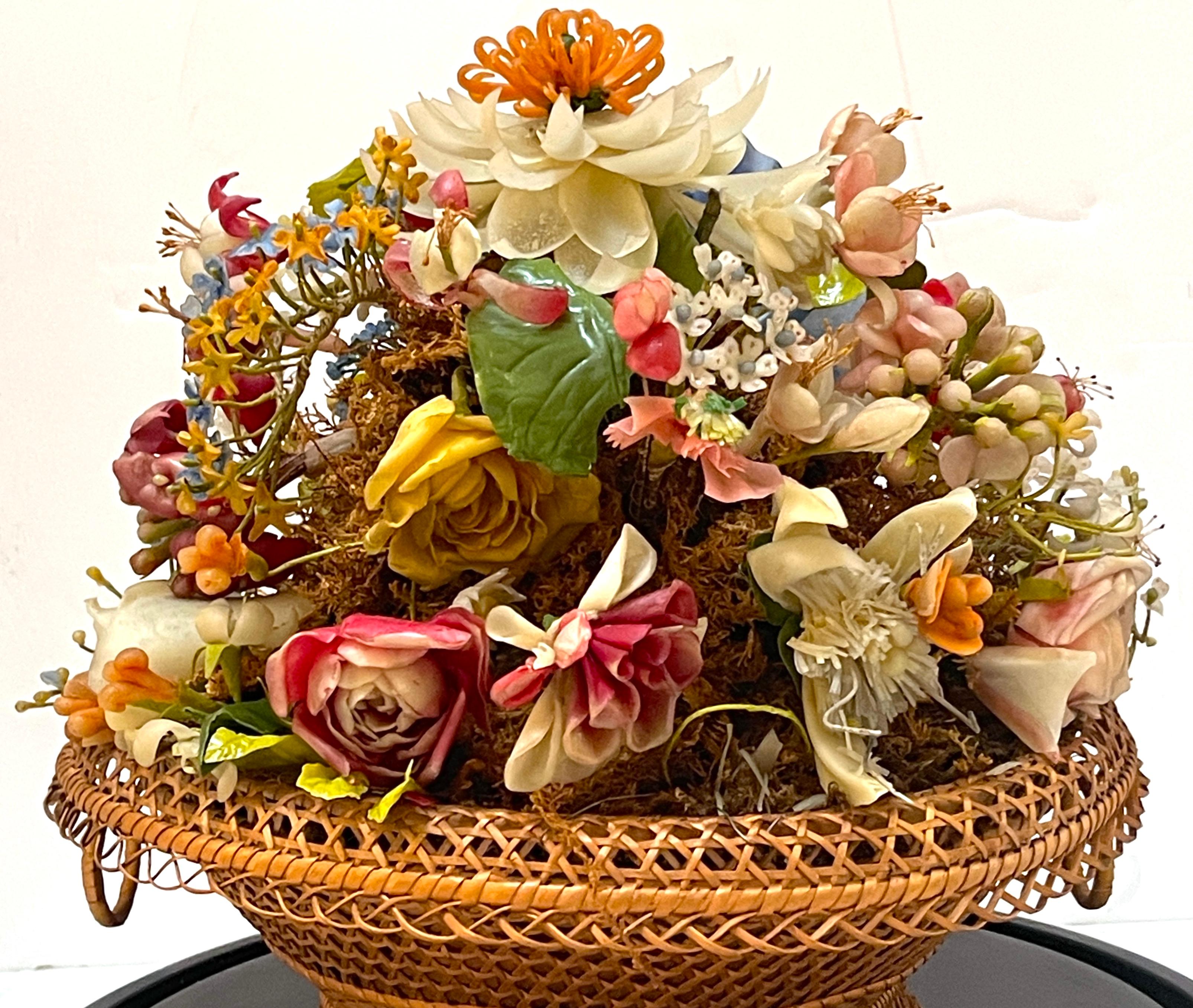 Victorian Wax Flower Still Life Basket Under Round Glass Dome For Sale 1