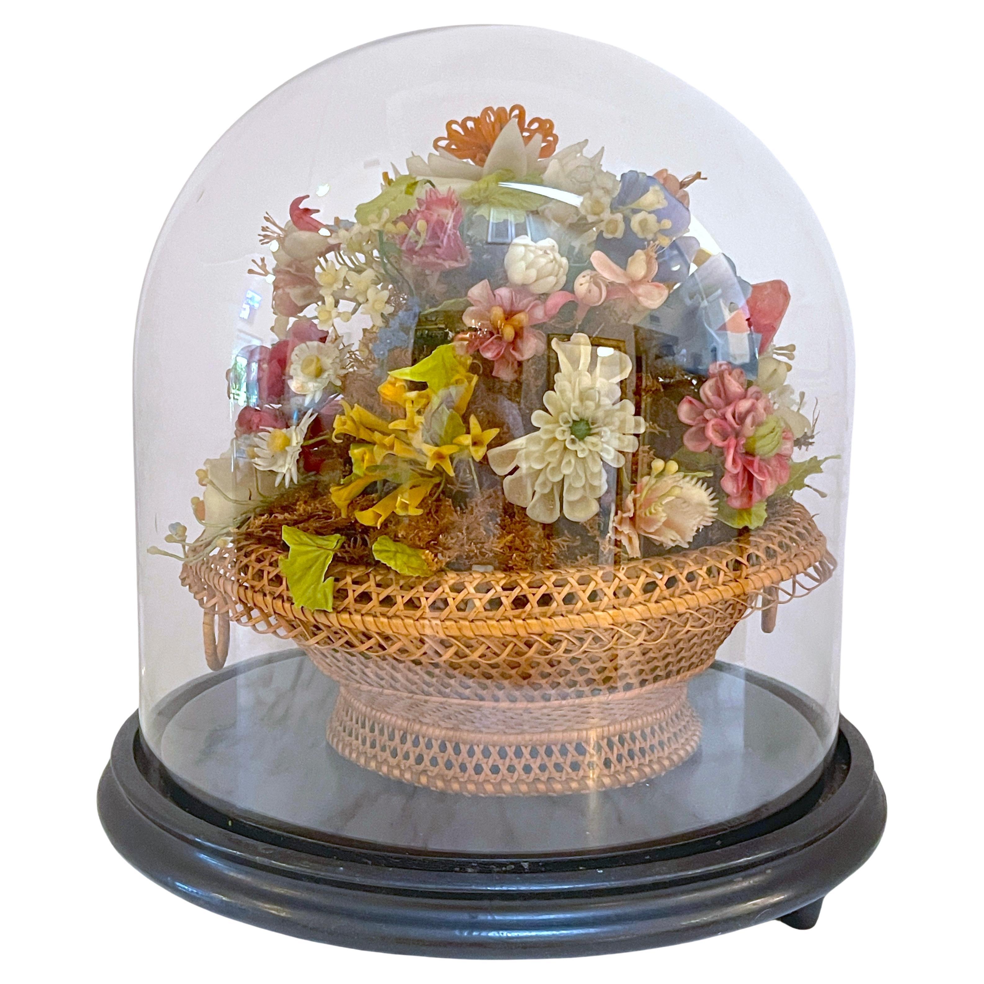 Victorian Wax Flower Still Life Basket Under Round Glass Dome For Sale