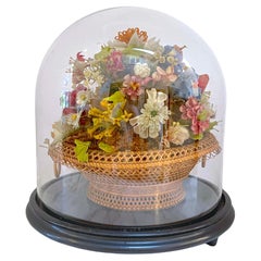 Victorian Wax Flower Still Life Basket Under Round Glass Dome