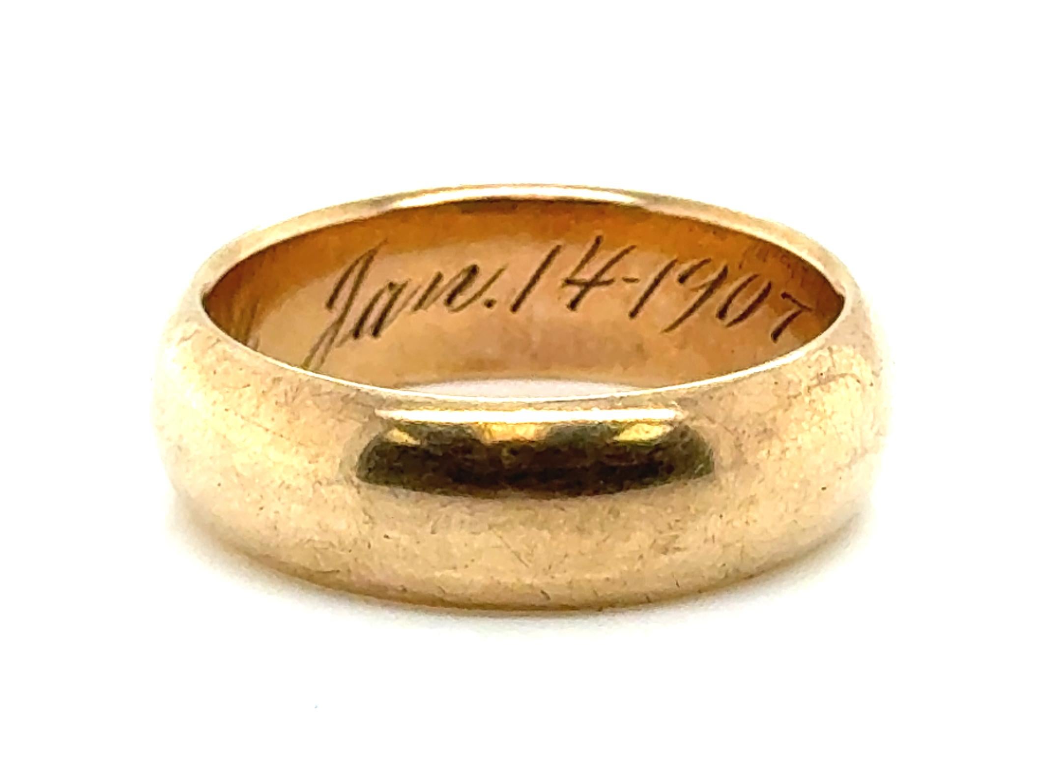Victorian Wedding Ring Band Antique 14K Gold Dated January 14 1907 JR Woods In Excellent Condition For Sale In Dearborn, MI