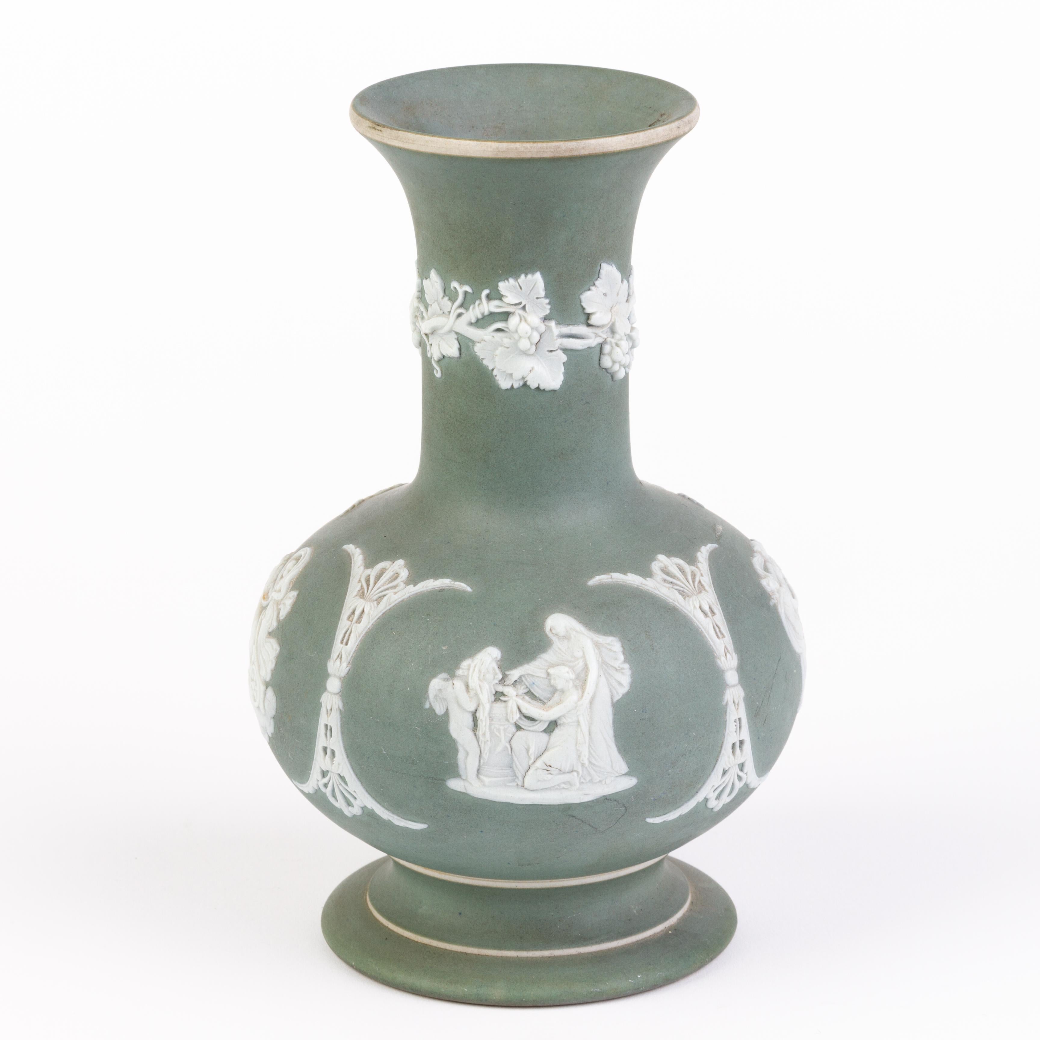 19th Century Victorian Wedgwood Light Green Jasperware Neoclassical Cameo Baluster Vase For Sale
