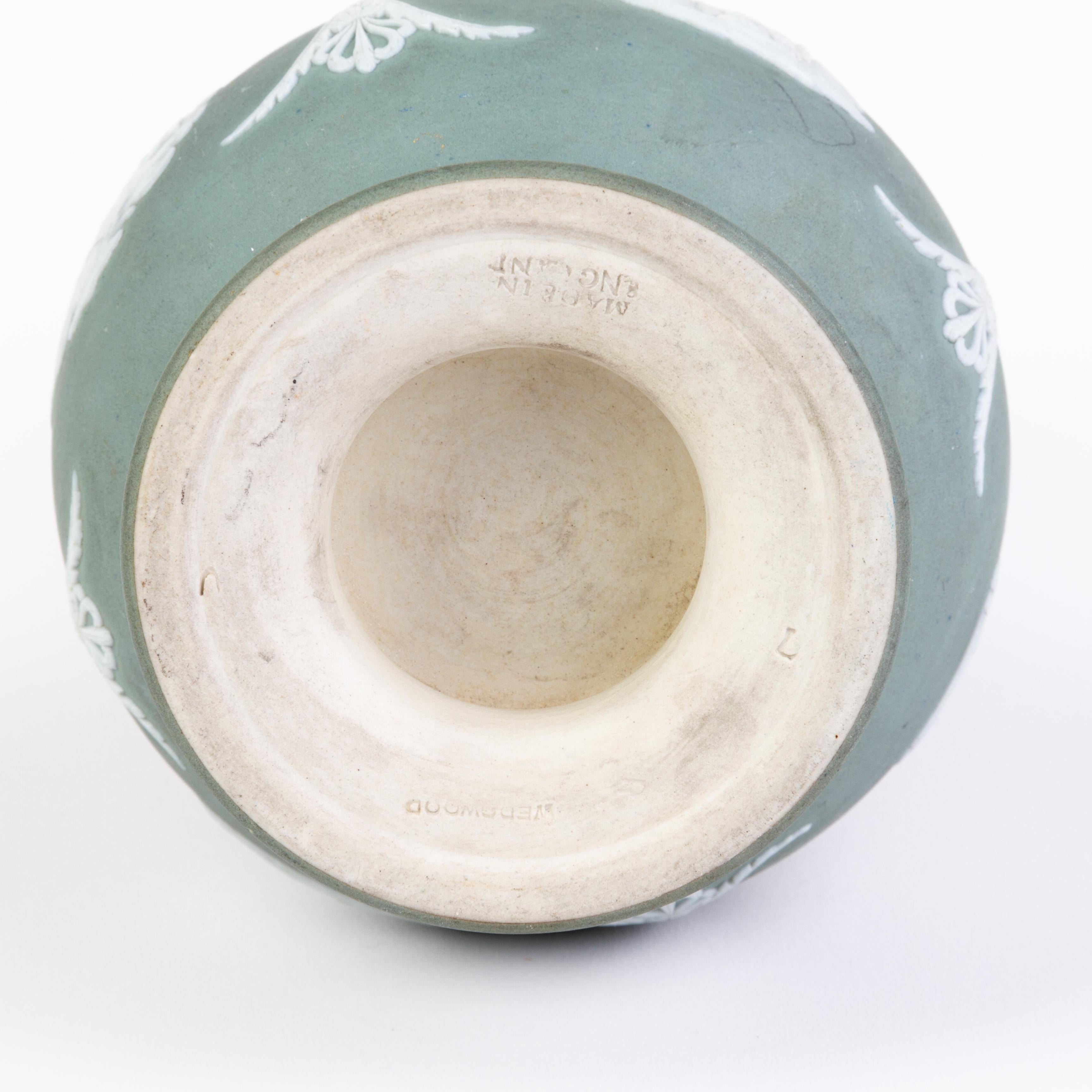 Porcelain Victorian Wedgwood Light Green Jasperware Neoclassical Cameo Baluster Vase For Sale