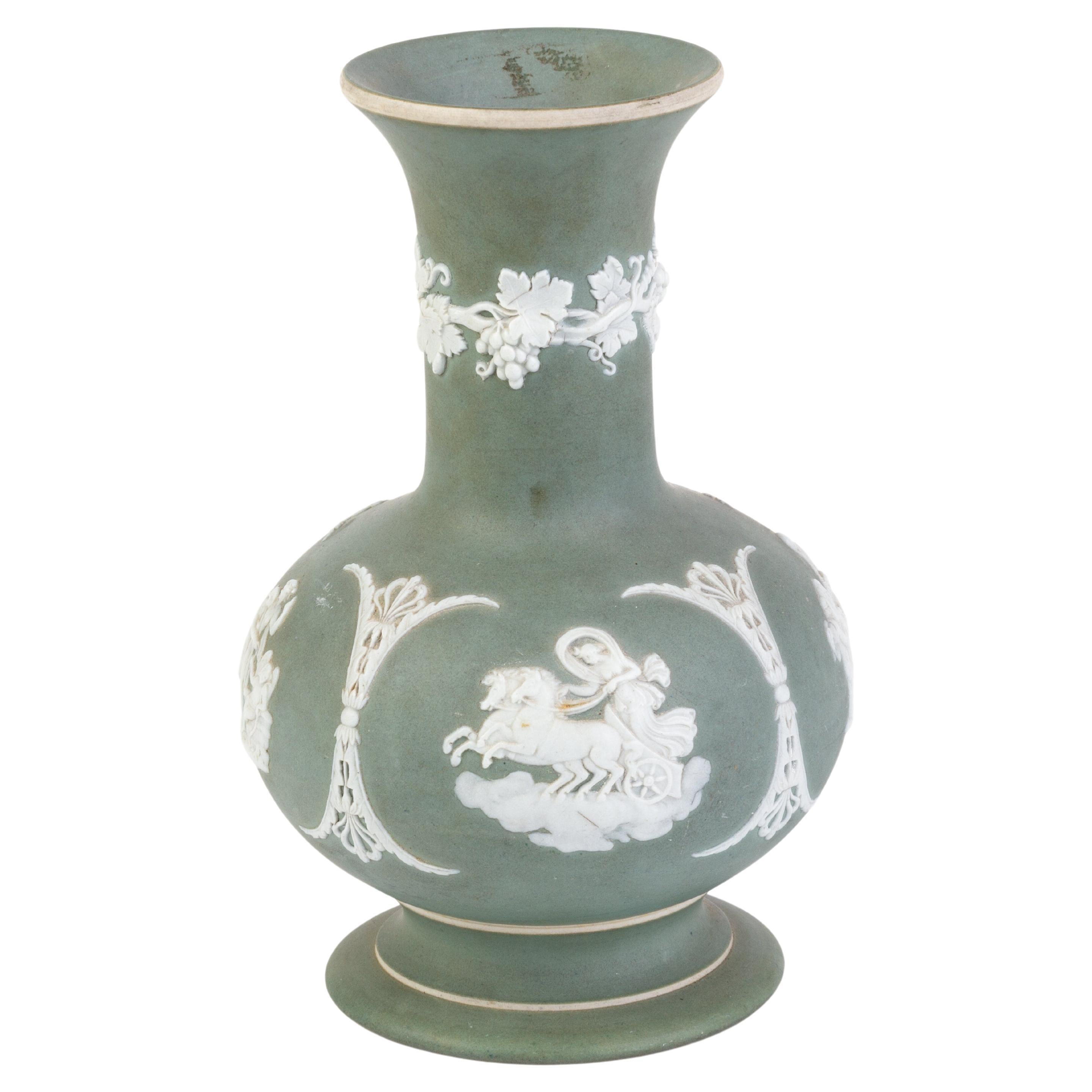 Victorian Wedgwood Light Green Jasperware Neoclassical Cameo Baluster Vase For Sale