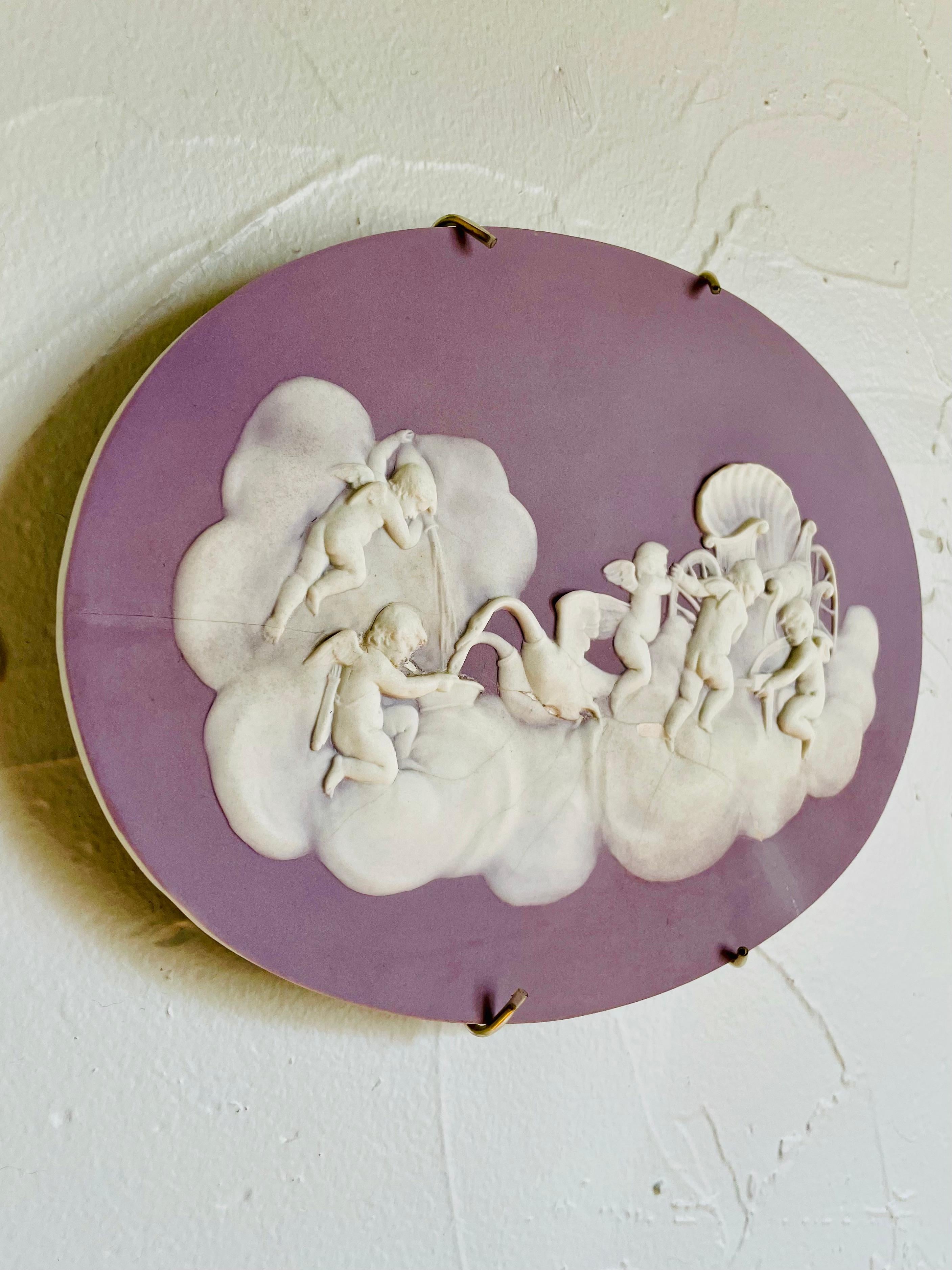 Neoclassical Revival Victorian Wedgwood Lilac Jasper Dip Stoneware Cupids Watering Swans Tablet