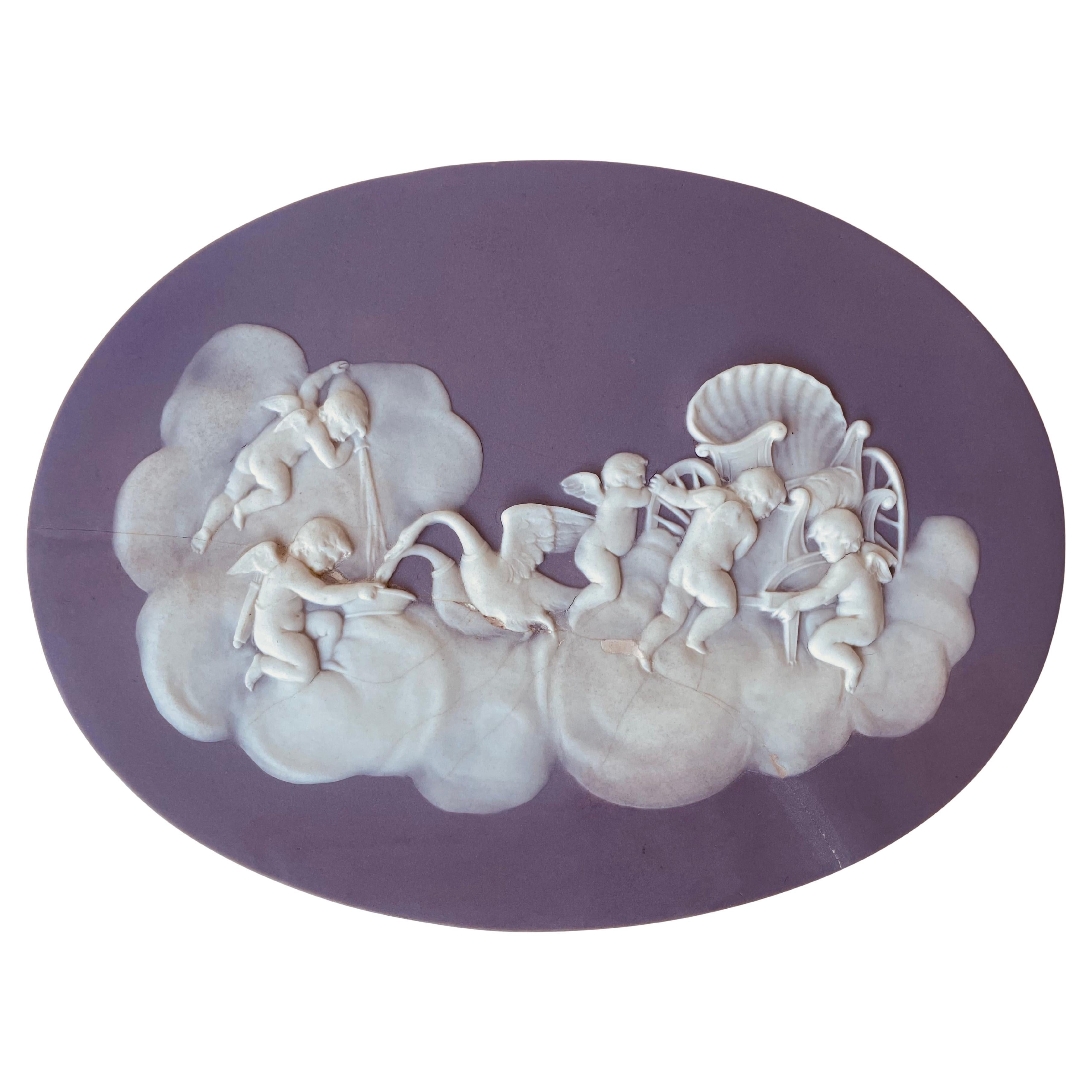 English Victorian Wedgwood Lilac Jasper Dip Stoneware Cupids Watering Swans Tablet