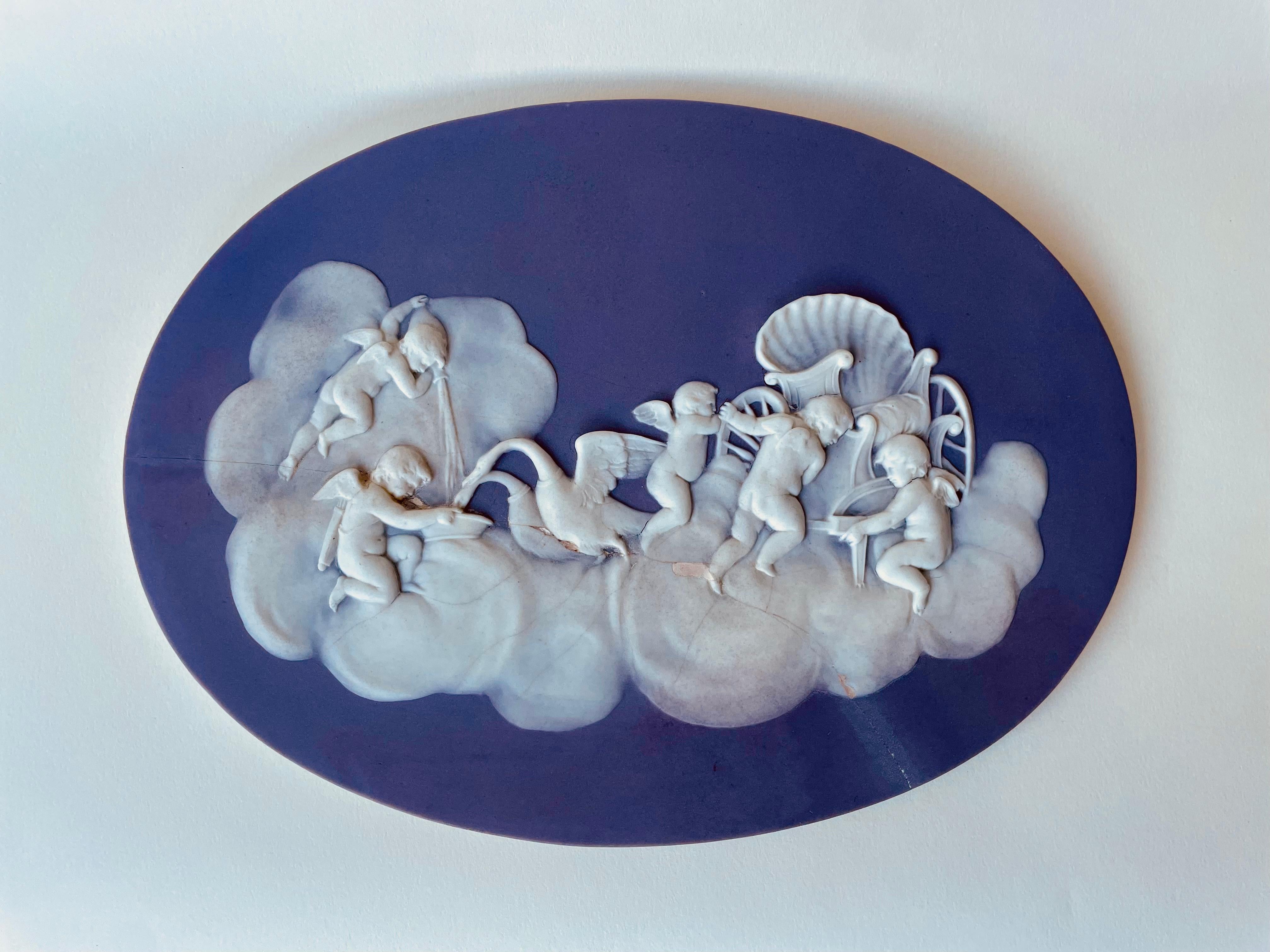 Hand-Crafted Victorian Wedgwood Lilac Jasper Dip Stoneware Cupids Watering Swans Tablet