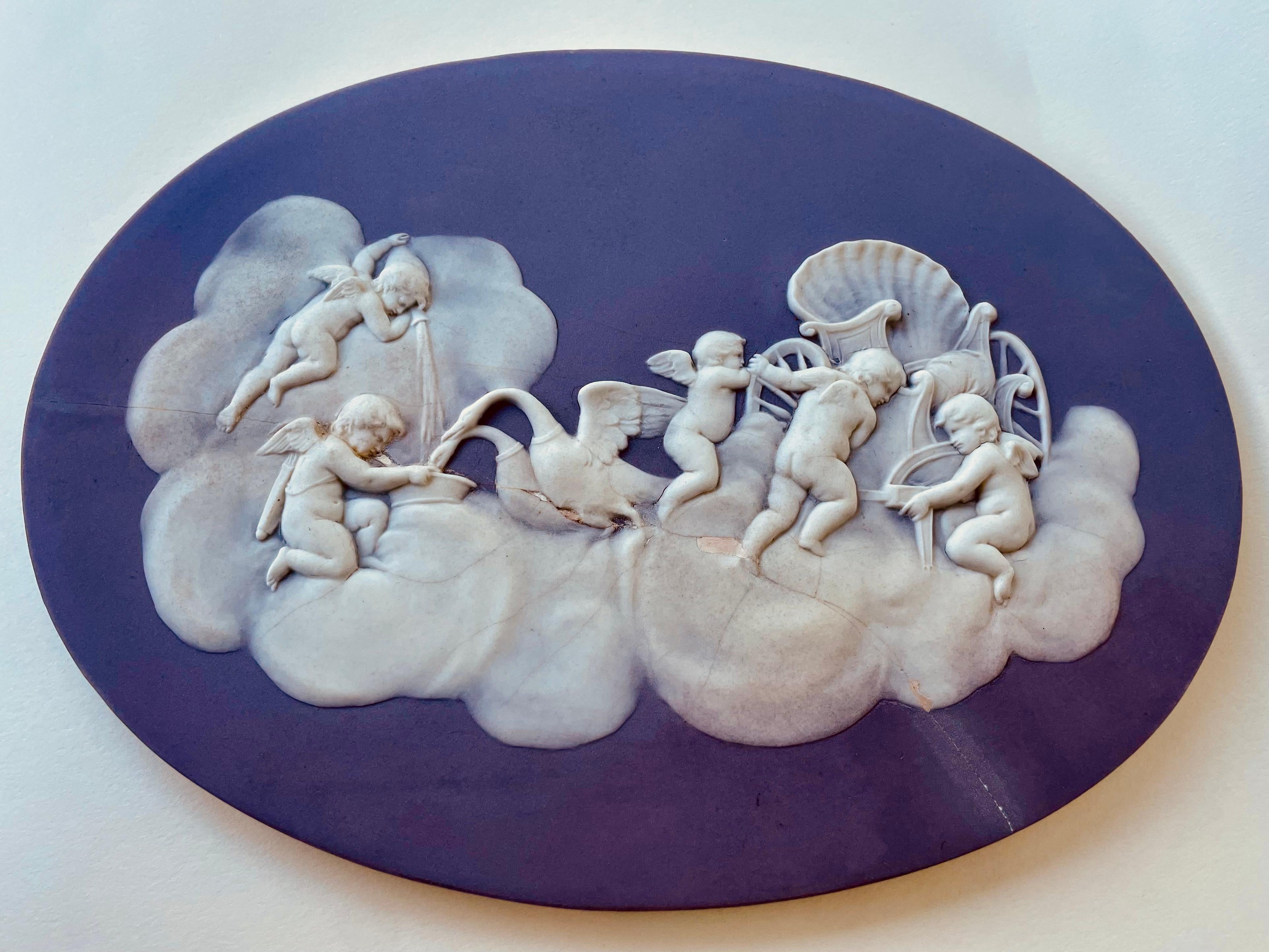 Victorian Wedgwood Lilac Jasper Dip Stoneware Cupids Watering Swans Tablet In Good Condition In Asheville, NC