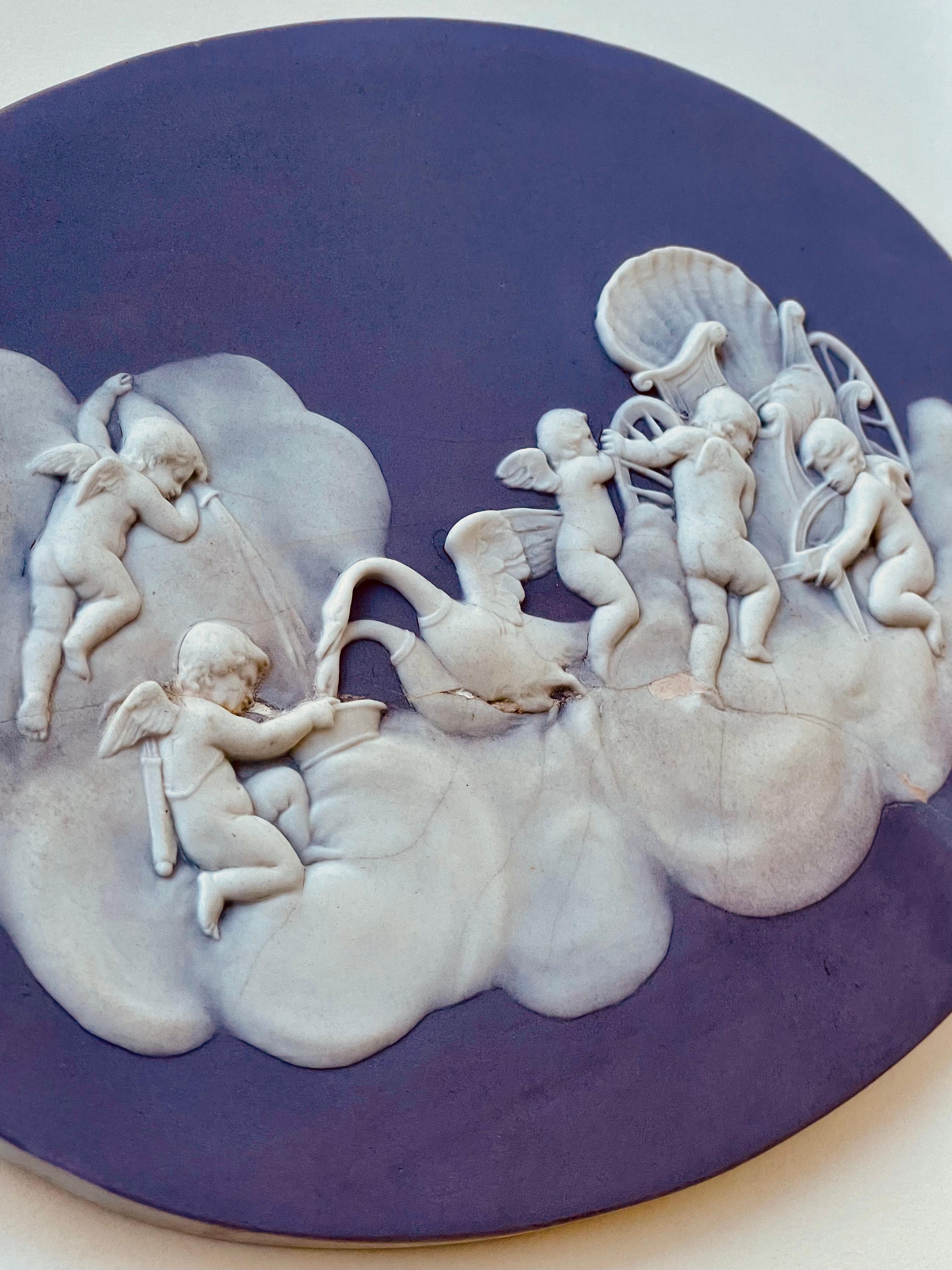 19th Century Victorian Wedgwood Lilac Jasper Dip Stoneware Cupids Watering Swans Tablet