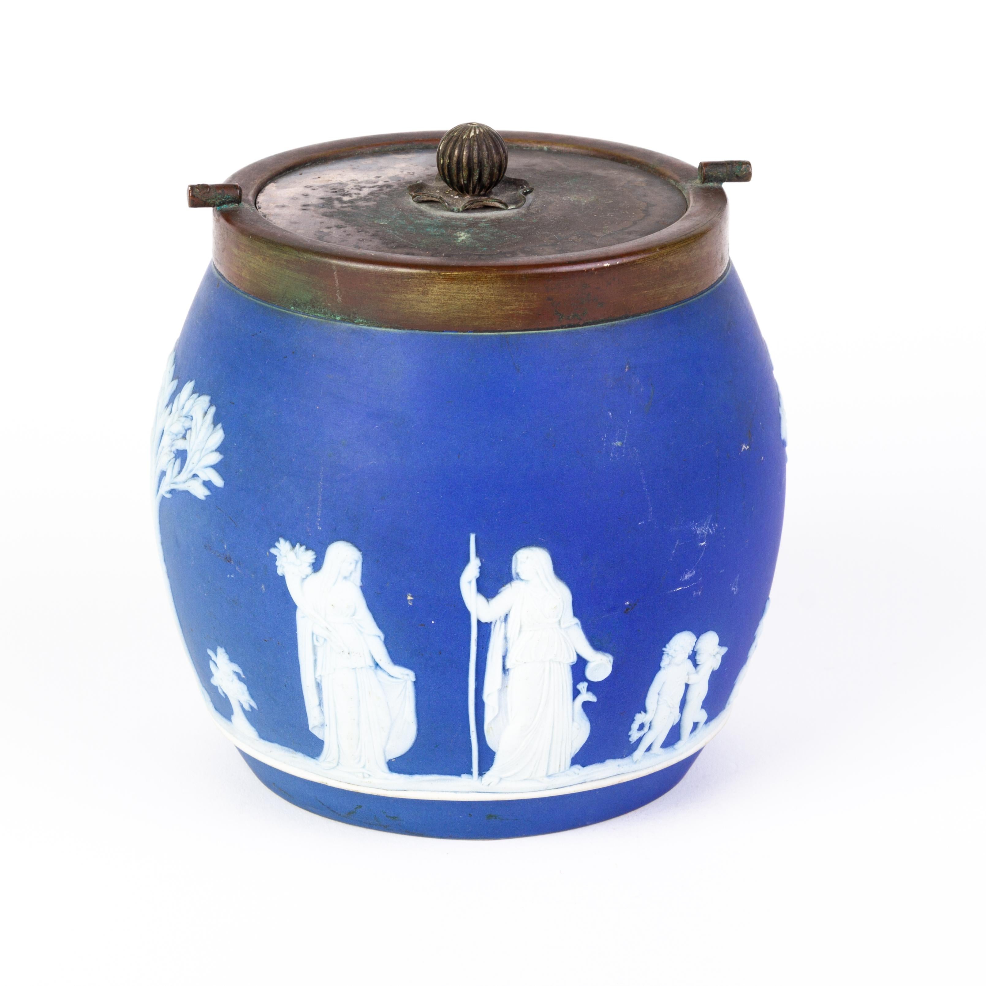 Victorian Wedgwood Portland Blue Jasperware Cameo Neoclassical Biscuit Jar  In Good Condition For Sale In Nottingham, GB