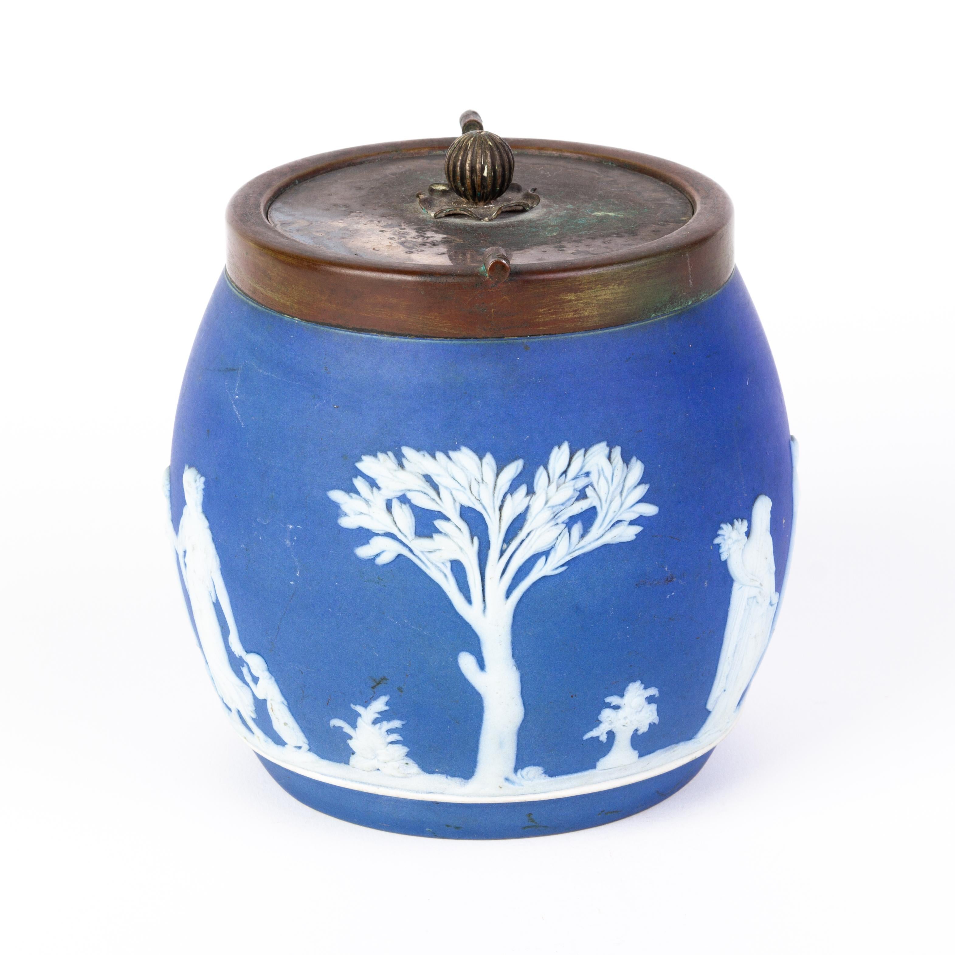 19th Century Victorian Wedgwood Portland Blue Jasperware Cameo Neoclassical Biscuit Jar  For Sale
