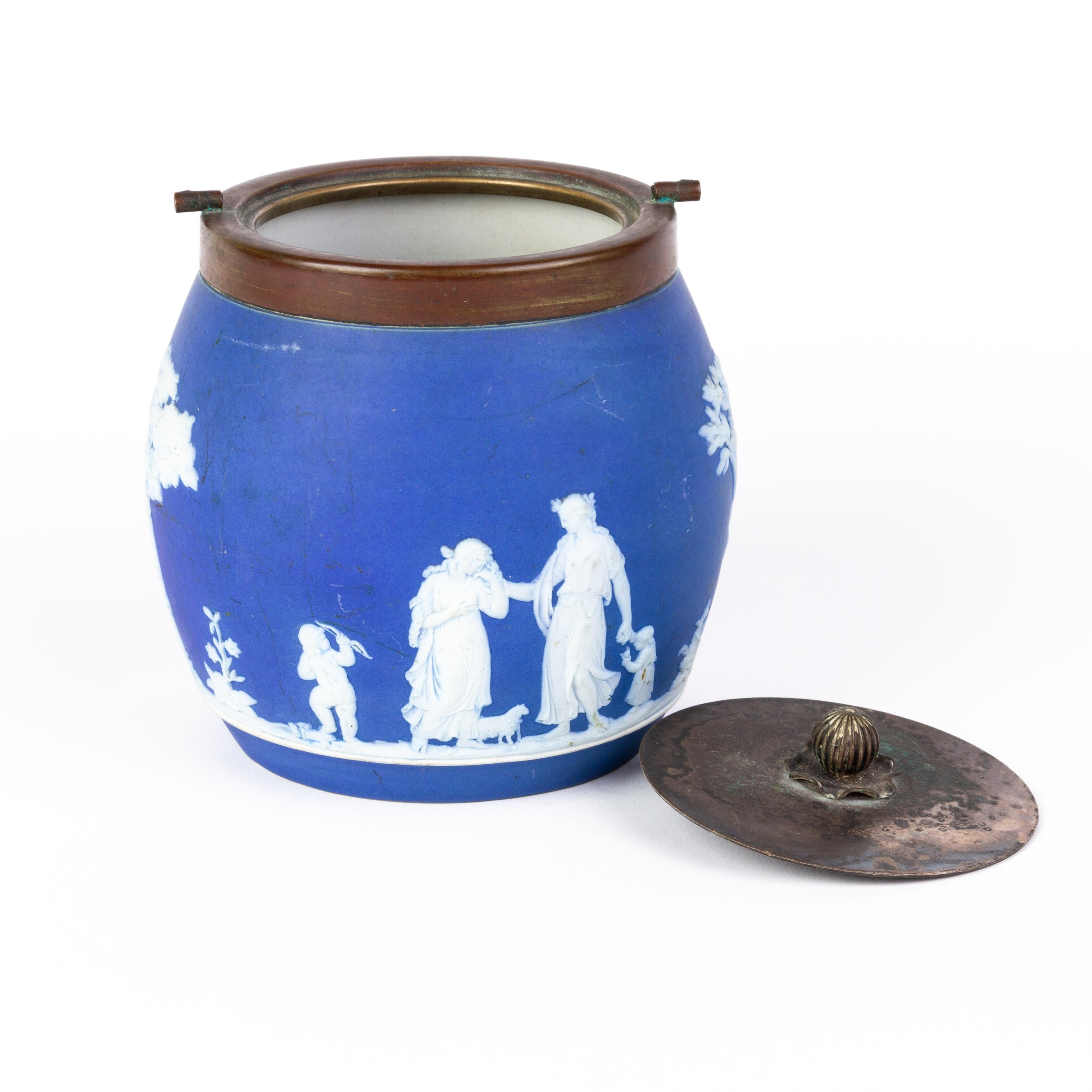 Porcelain Victorian Wedgwood Portland Blue Jasperware Cameo Neoclassical Biscuit Jar  For Sale