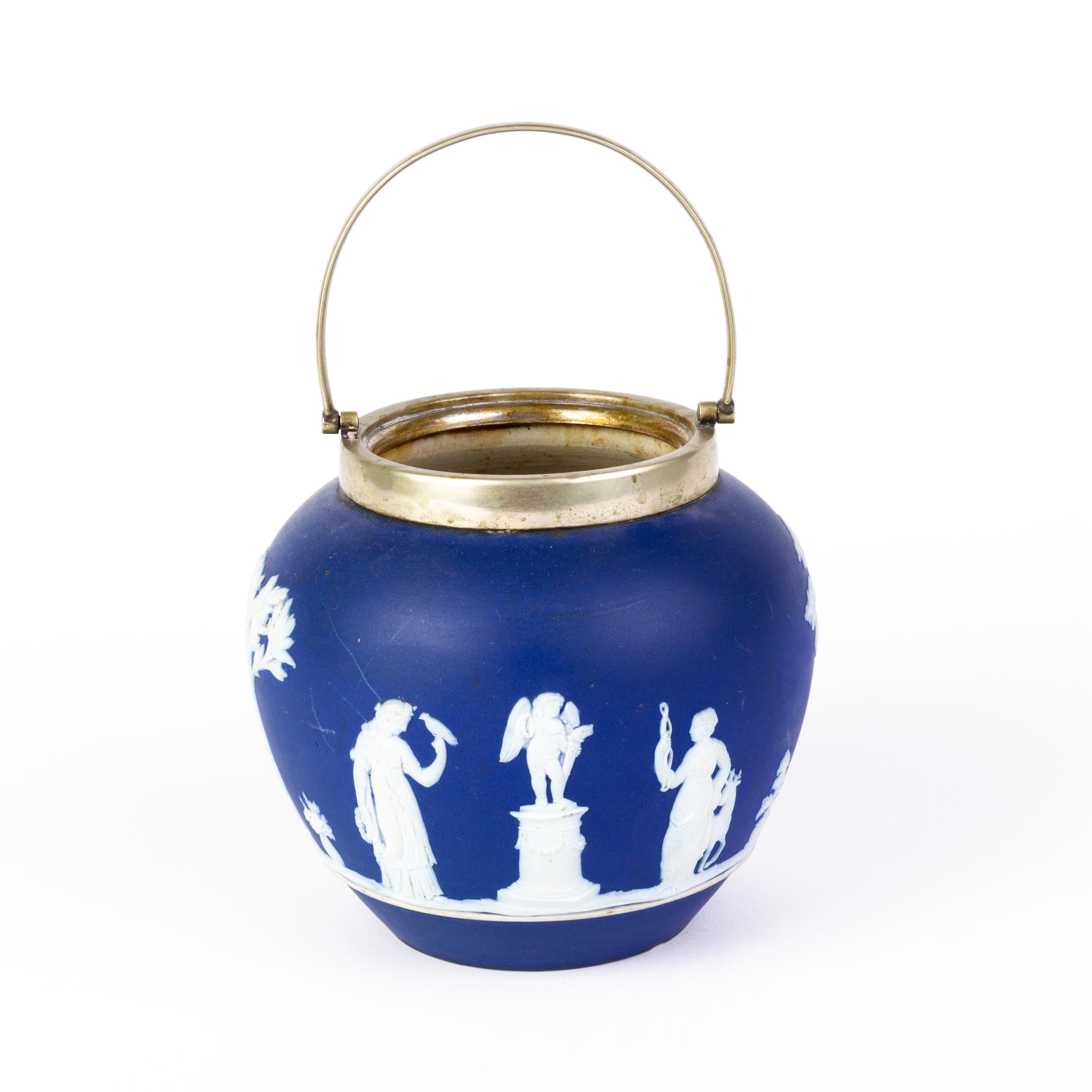 Victorian Wedgwood Portland Blue Jasperware Cameo Neoclassical Handled Jar  In Good Condition For Sale In Nottingham, GB
