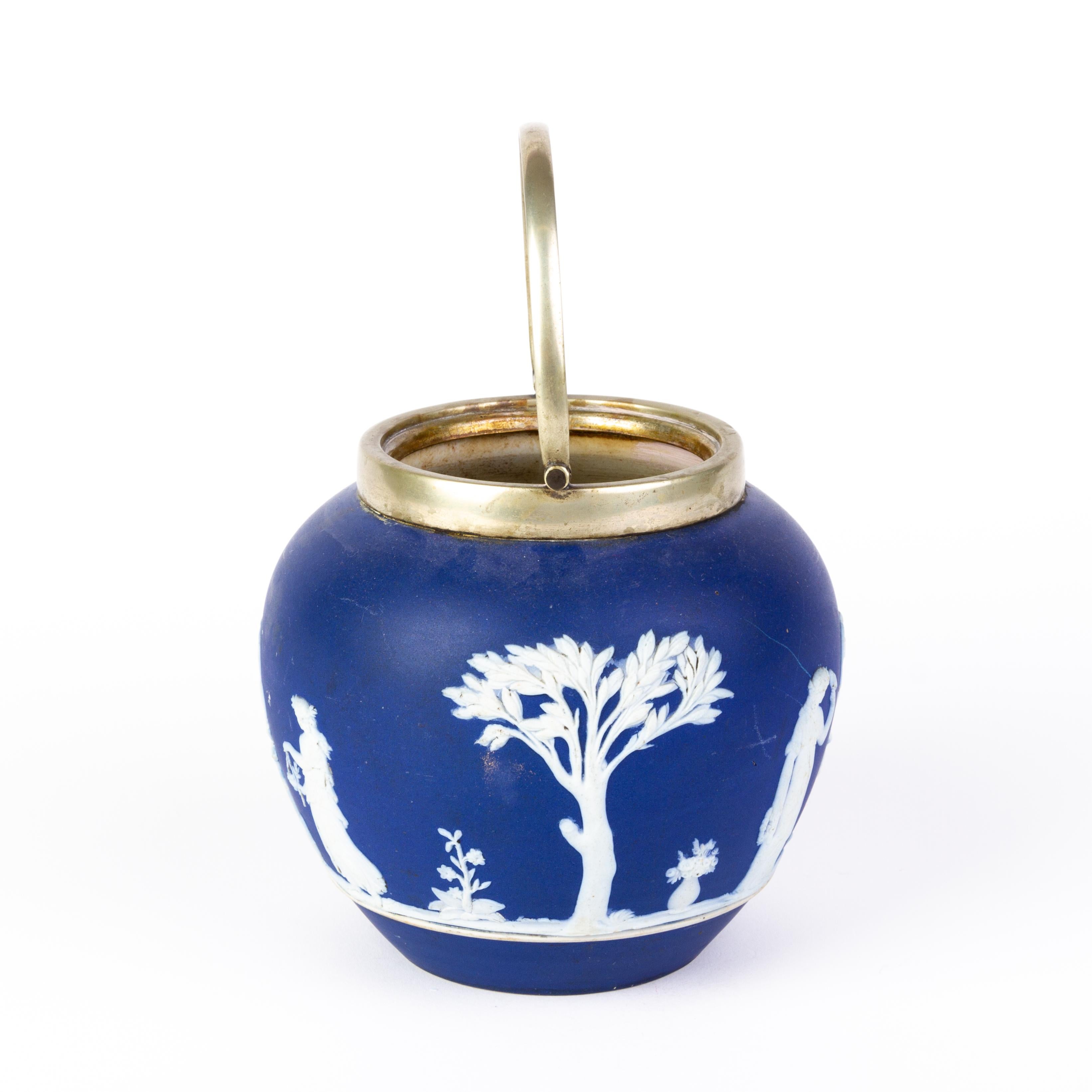 19th Century Victorian Wedgwood Portland Blue Jasperware Cameo Neoclassical Handled Jar 