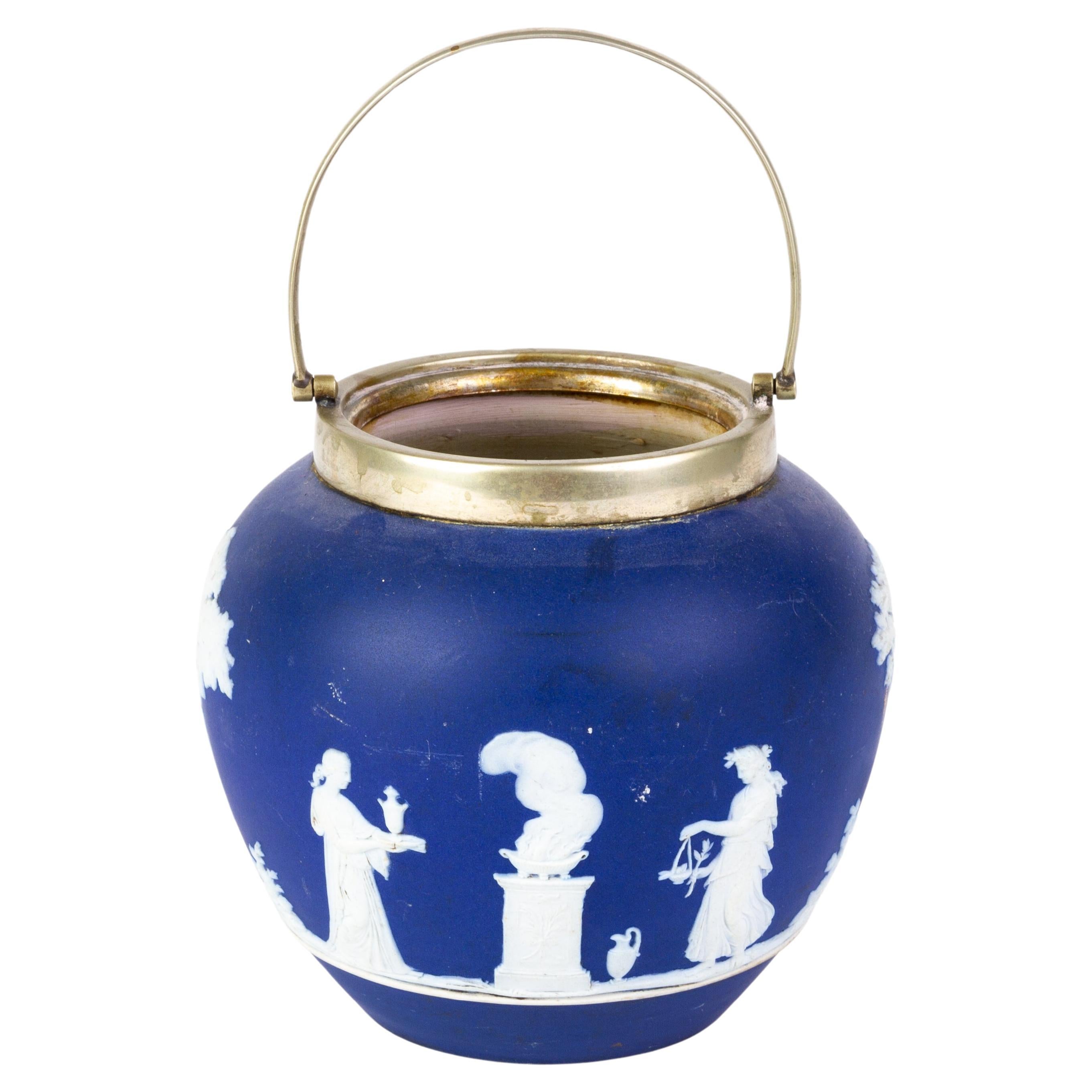Victorian Wedgwood Portland Blue Jasperware Cameo Neoclassical Handled Jar  For Sale